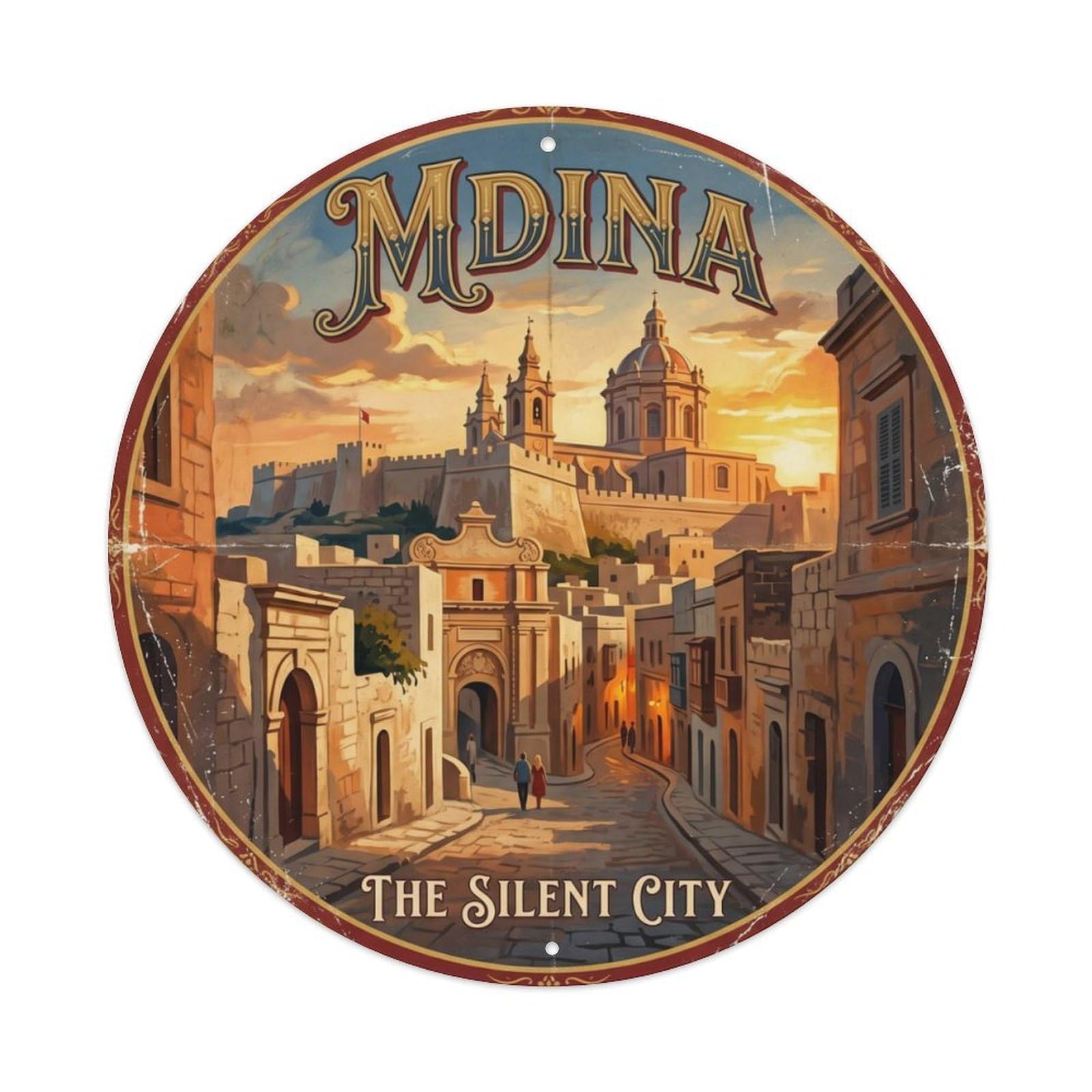 Vintage Travel Mdina Malta Medieval Metal Tin Sign Plaque Wall Decor for Cafe, Club Bar, Office, Home Garden Round Metal Poster 8x8Inch
