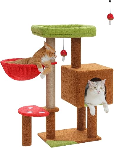 Árbol de hongo para gatos con postes rascadores de sisal, 35.4 pulgadas con percha superior verde grande, hamaca roja suave y bola colgante de