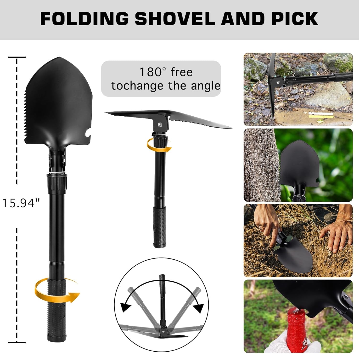 26oz Geologist Rock Pick Tool kits-12" Folding Multitool Shovel-Survival Bracelet-Safety Glasses-Jewelers Loupe-Gloves for Hounding Gold Mining Prospecting Stone Breaking Pry Rocks Loosen Soil
