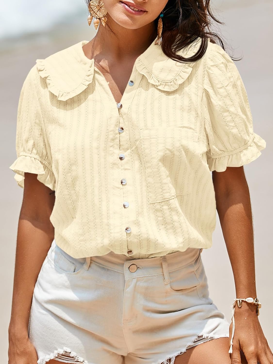 Tankaneo Womens Puff Sleeve Shirts Peter Pan Collar Button Down Cotton Blouse Casual Summer Textured Tops - Image 2