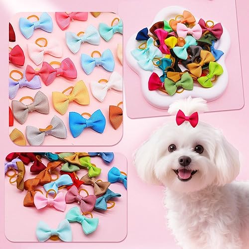 Miniatura 5 de 100 unidades (50 pares) lazo suave para perro con bandas de goma, lazo de pelo de color sólido para perro, lazo hecho a mano para perrito, cachorro,