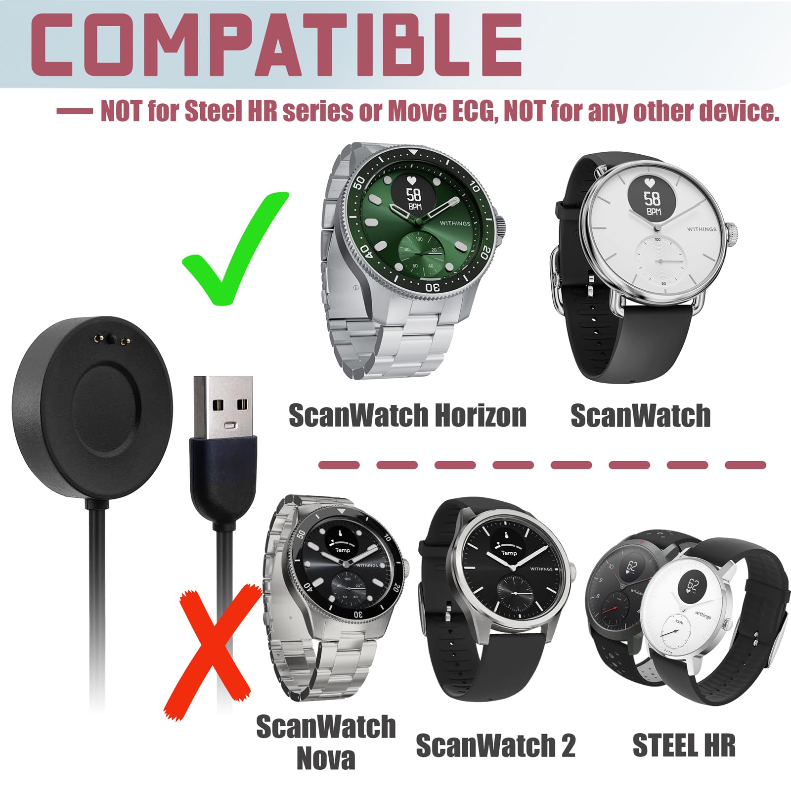 sciuU Magnetyczny kabel do ładowania kompatybilny z Withings ScanWatch / Scanwatch Horizon, elastyczny kabel do ładowania, przewód USB, szybka ładowarka ze złączem magnetycznym