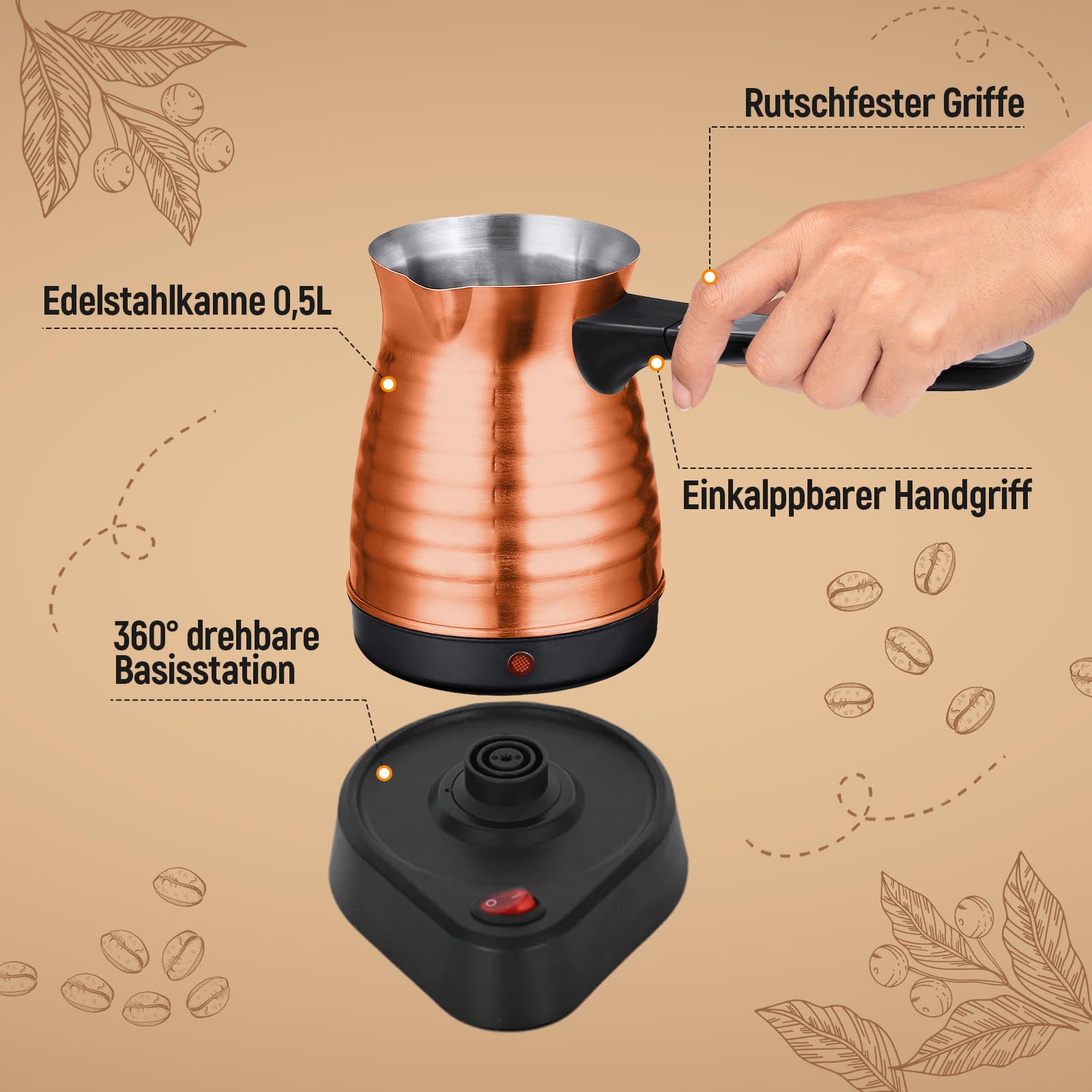 Baoblaze 17oz Elektrische Kaffeekanne Teekessel mit Griff Mehrzweck-Schnellkessel Edelstahl-Kaffeekessel für Café