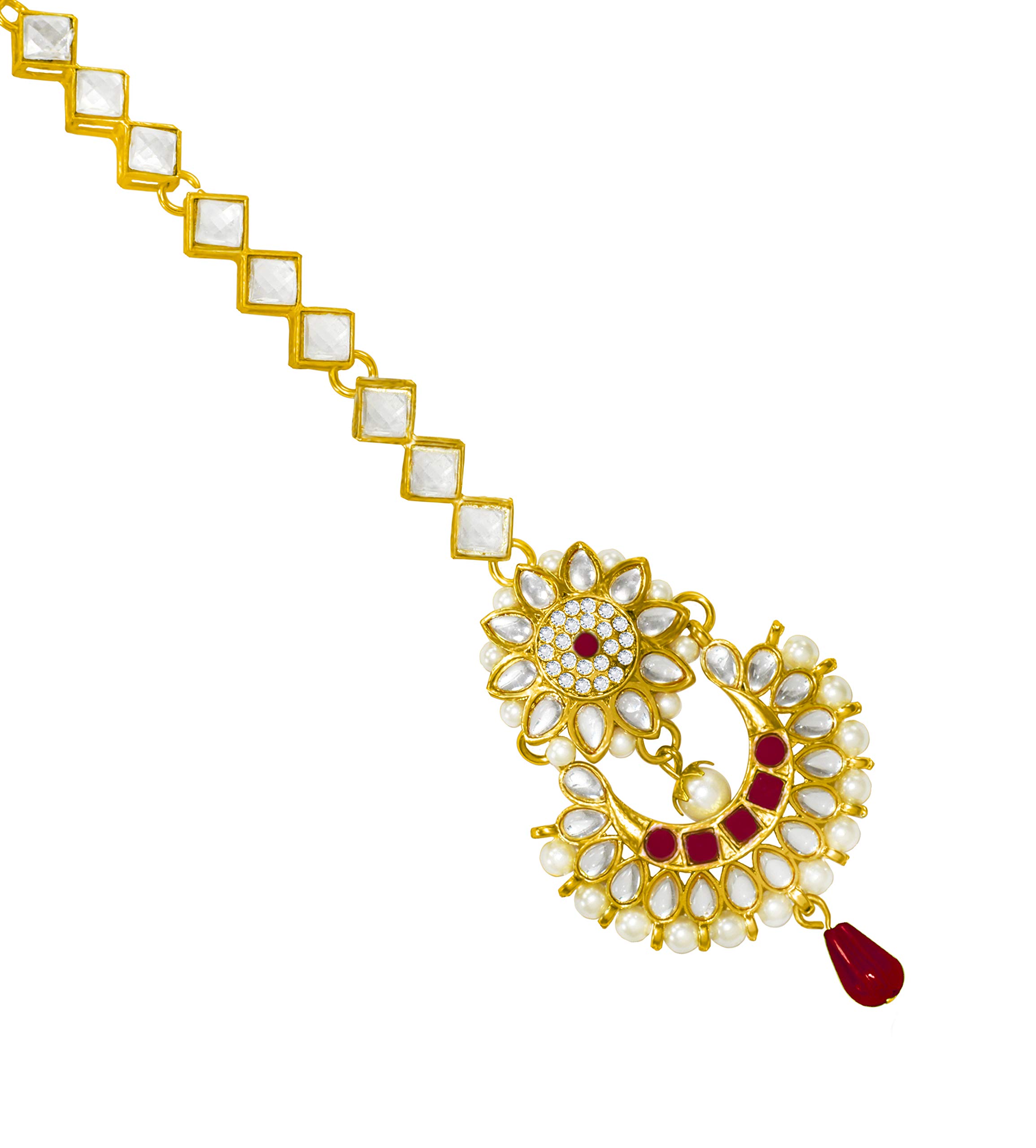 JEWELOPIA Kundan Maang Tikka Traditional Pearl Dropping Forehead Jewellery Tikka For Women girls (Red) (B08RC47B61) Amazon Price History, Amazon Price Tracker