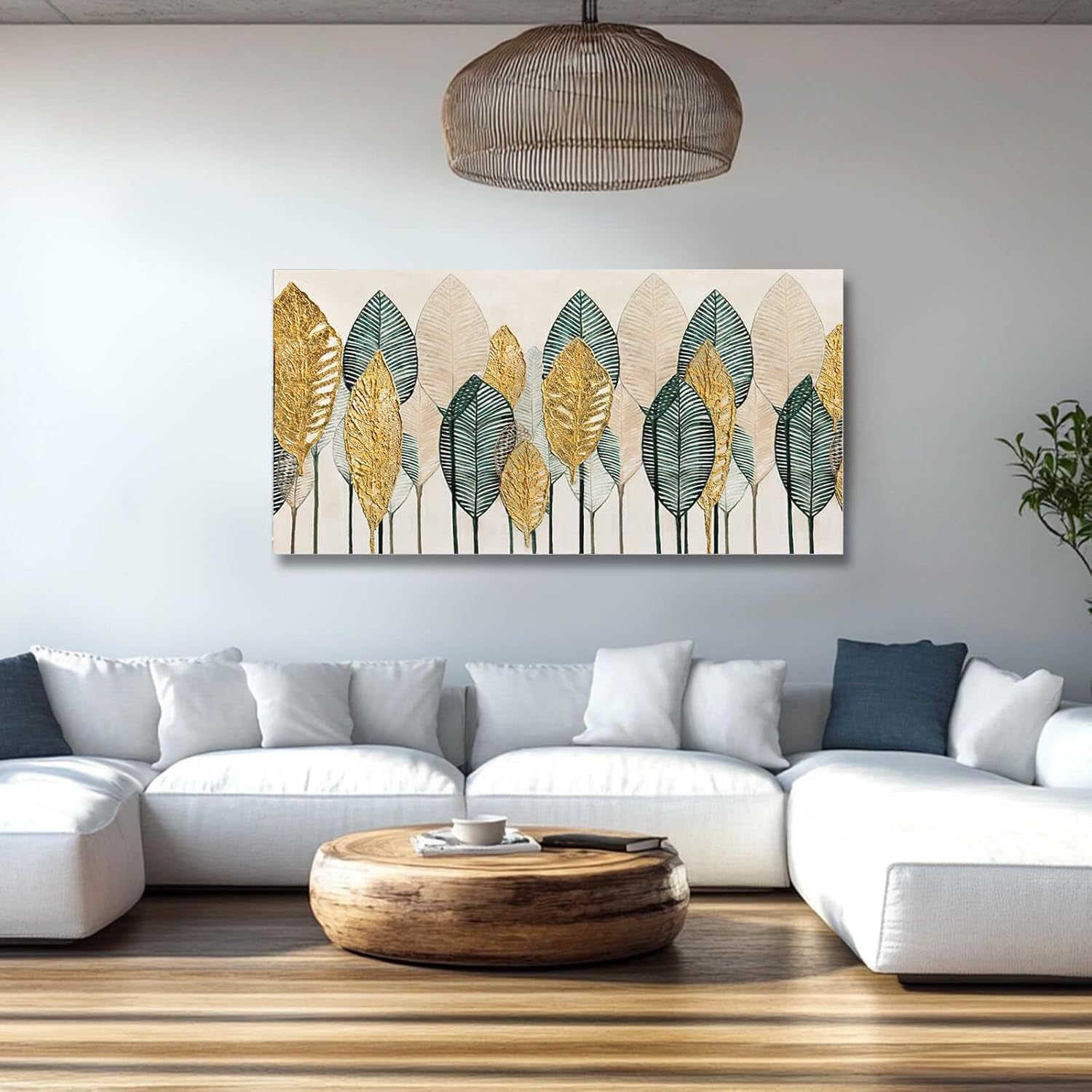 CHUDANHAO Green Wall Art Gold Wall Decor Leaves Prints Pictures Textured Bedroom Decor Line Painting Green Paintings Wall Decorations 24”x48” Artwork for Living Room Dining Room 48"L x 24"W Gold Green