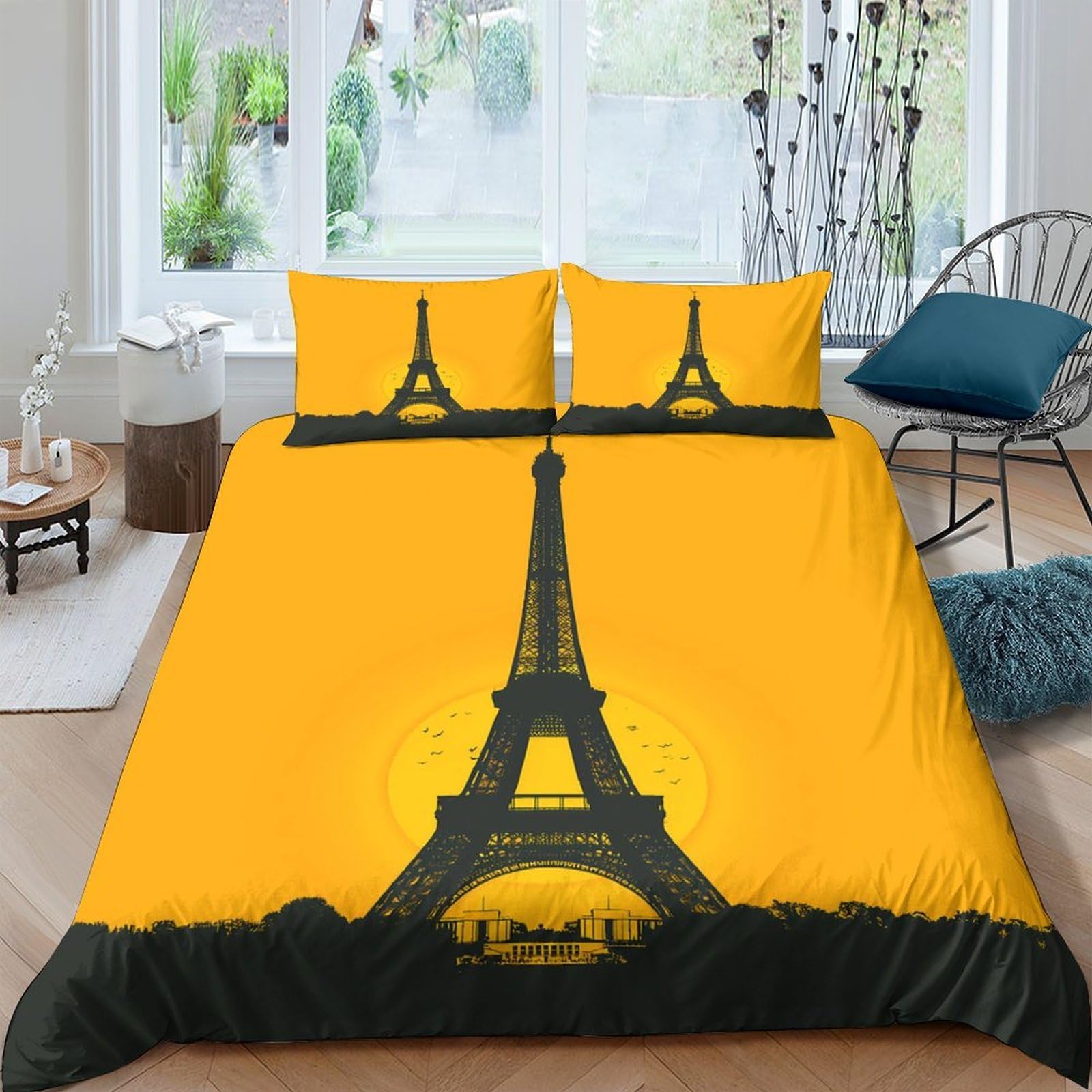 Ctjqhvkz Style-9 3D Printed Eiffel Tower Yellow Fitted Sheet Microfiber Decorative Bed Cover For Bedroom Guest Room Dustproof Easy Care Single（135X200cm）