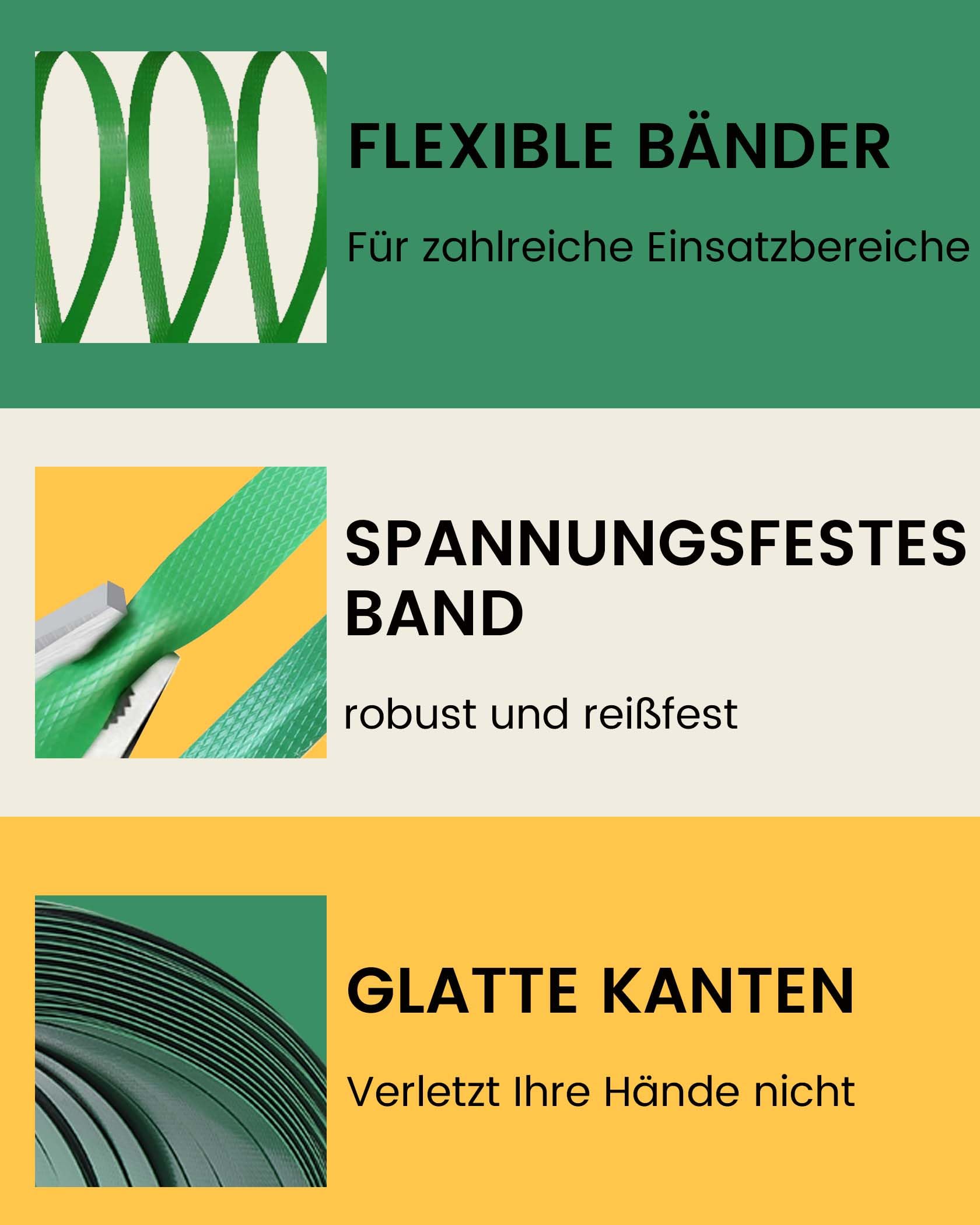 FoundGo Rouleau de cerclage vert en polyester (PET) de qualité industrielle, 1,6 cm de large x 304,4 m de long, résistance à la rupture, durable, imperméable et antirouille avec sa propre boîte