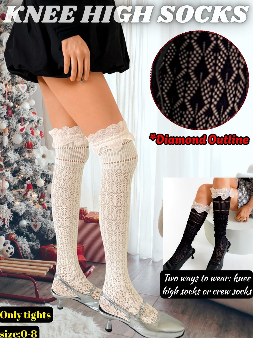 Long Socks With Lace Trim,Cute Knee Highs For Women,Christmas Birthday Renaissance Costume Size 0-8 - Image 2
