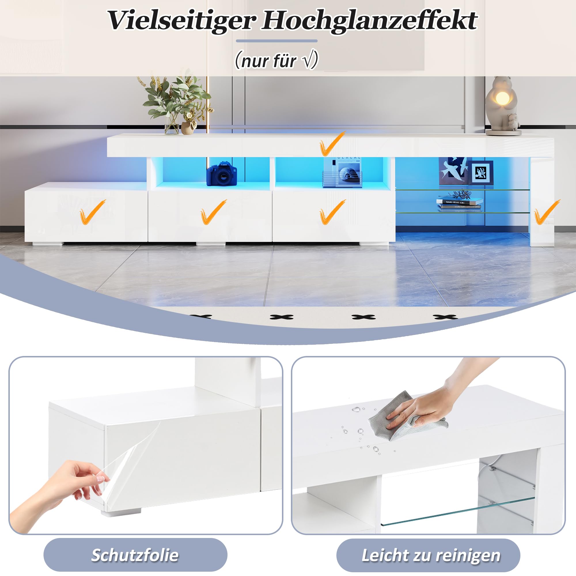 Meuble TV 180 cm Blanc Laqué avec Éclairage LED Piloté par App, Banc TV Moderne pour Téléviseurs jusqu'à 75 Pouces, 3 Tiroirs Push-to-Open et 7 Compartiments de Rangement pour Salon et Chambre
