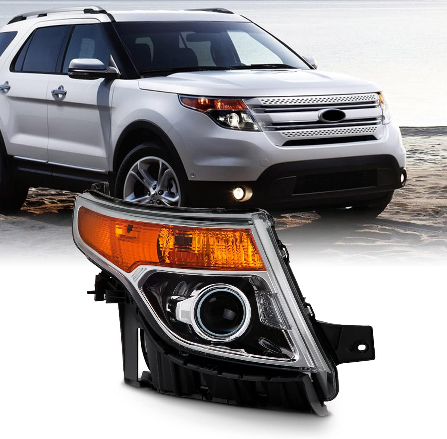 AKKON - For 2011-15 Ford Explorer Passenger Side Only Projector Headlight Assembly Chrome Housing Clear Lens