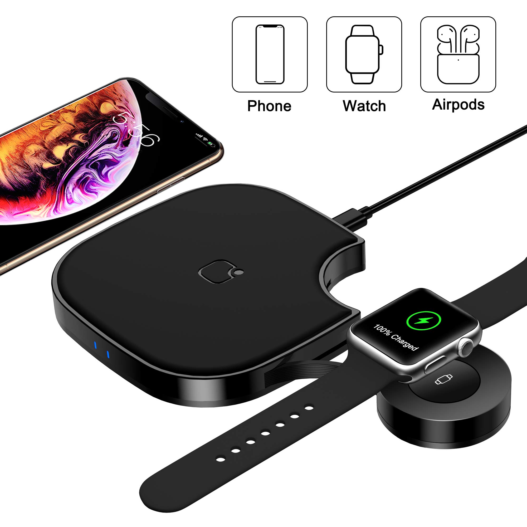 Wireless Charger, 2 in 1 Wireless Charging Pad, Qi Fast Wireless Charger for iPhone 11/11 Pro Max/XR/XS Max/XS/X/8/8P…
