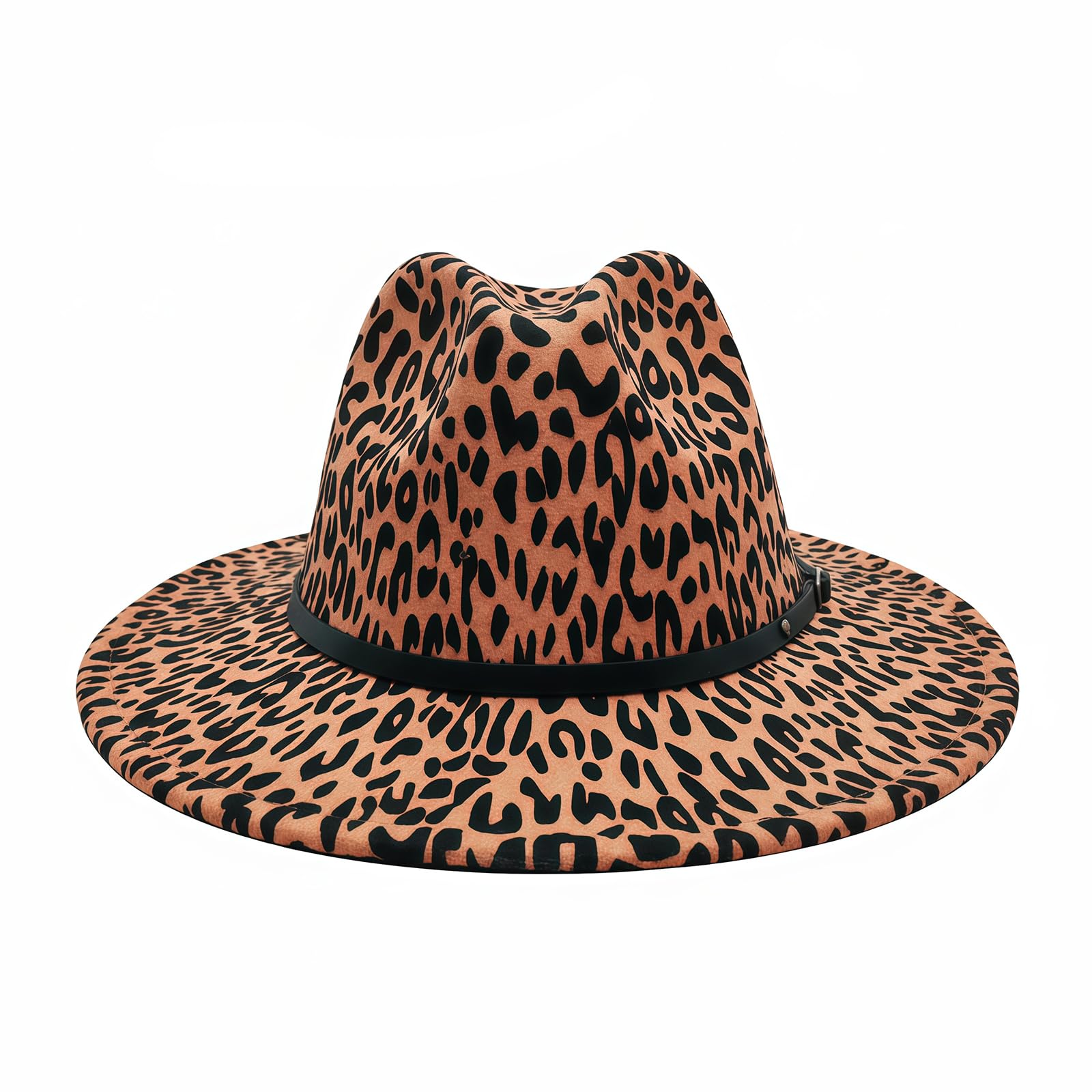 Upstore Women's Khaki Leopard Print Wide Brim Fedora Hat Belt Buckle Detail Felt Trilby Panama Style Derby Church Hat