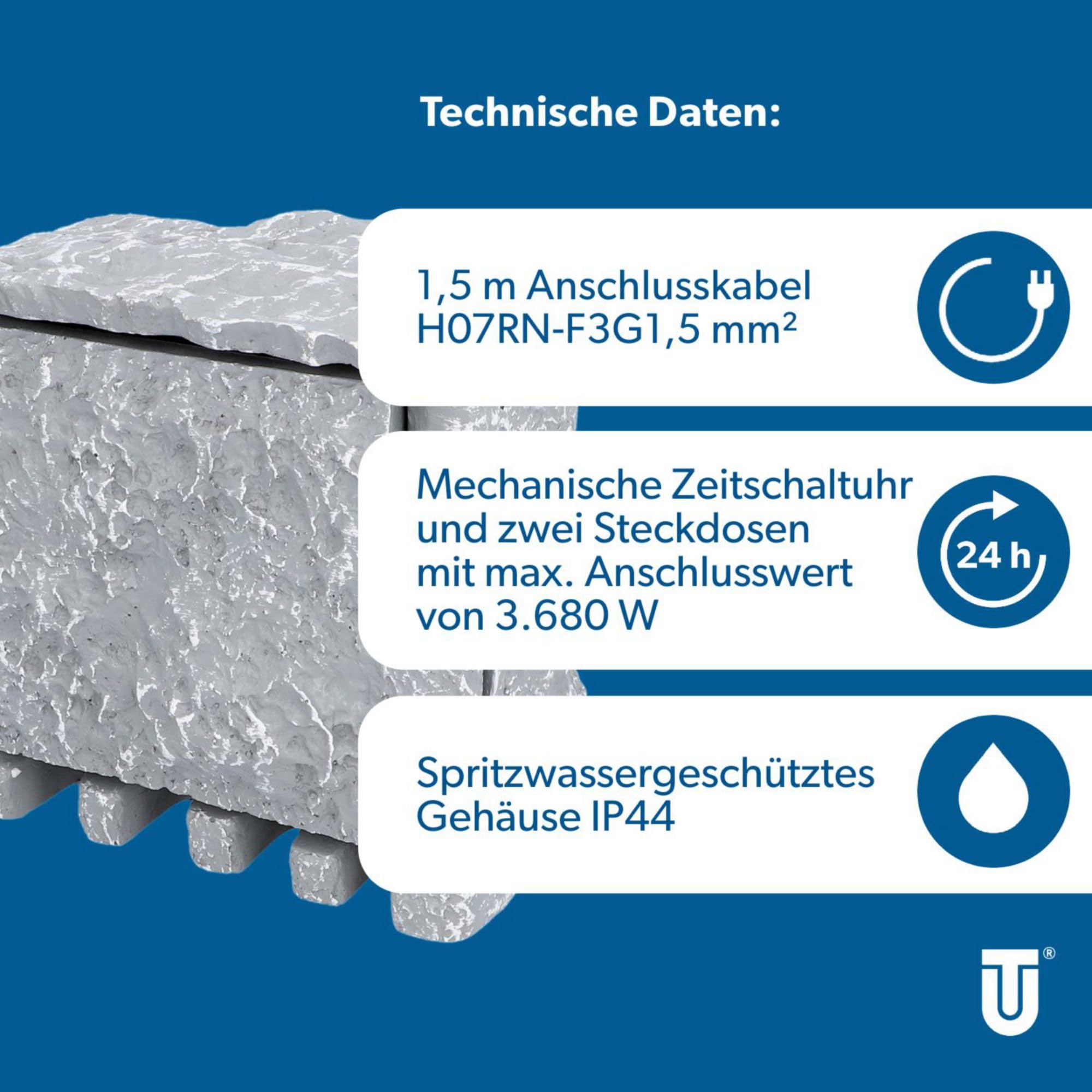 UNITEC Steckdosenverteiler Garten Steinoptik IP44 2 Steckdosen Würfel ZSU