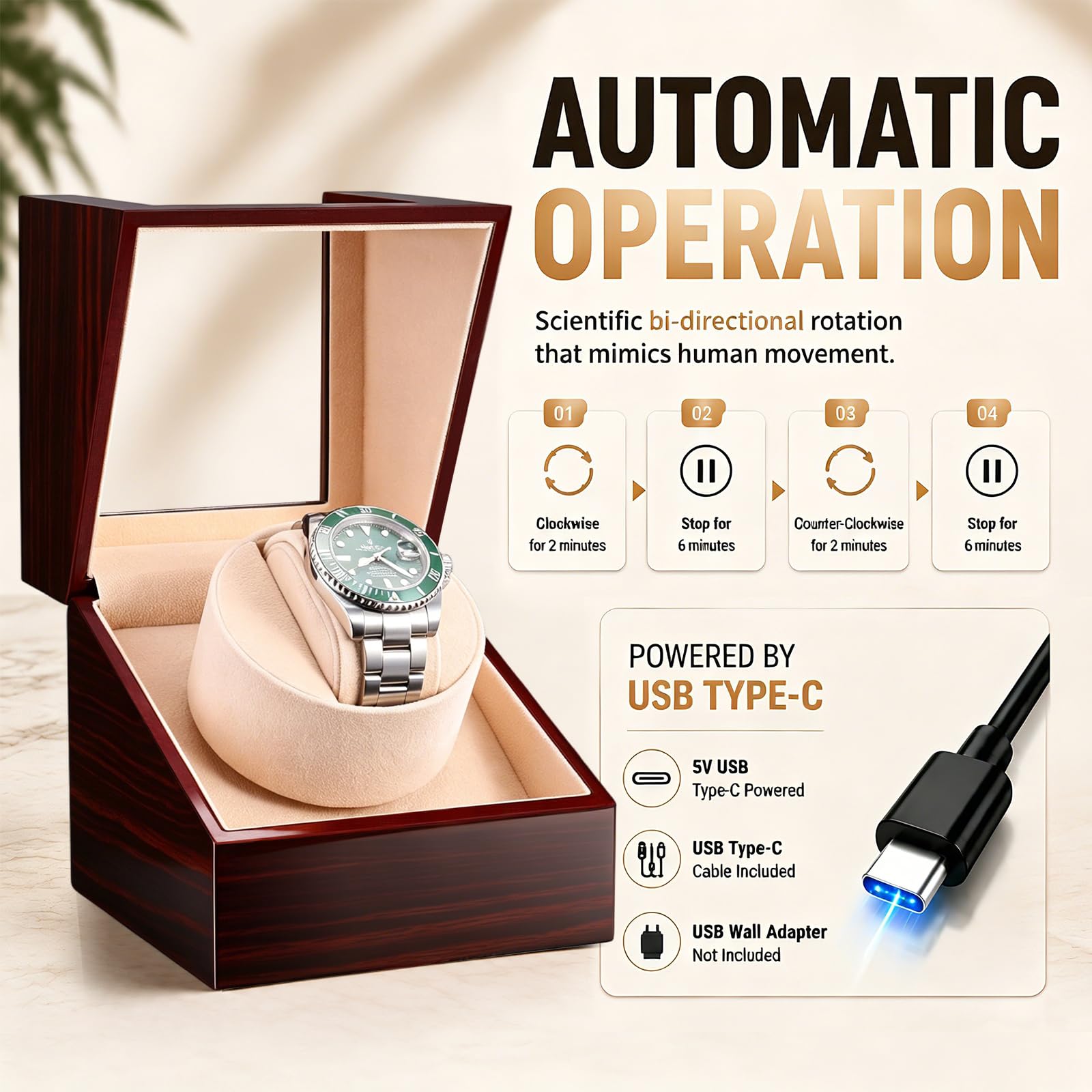 Automatischer Uhrenbeweger für Automatikuhren, leiser Motor, batteriebetrieben oder AC-Adapter für Herren