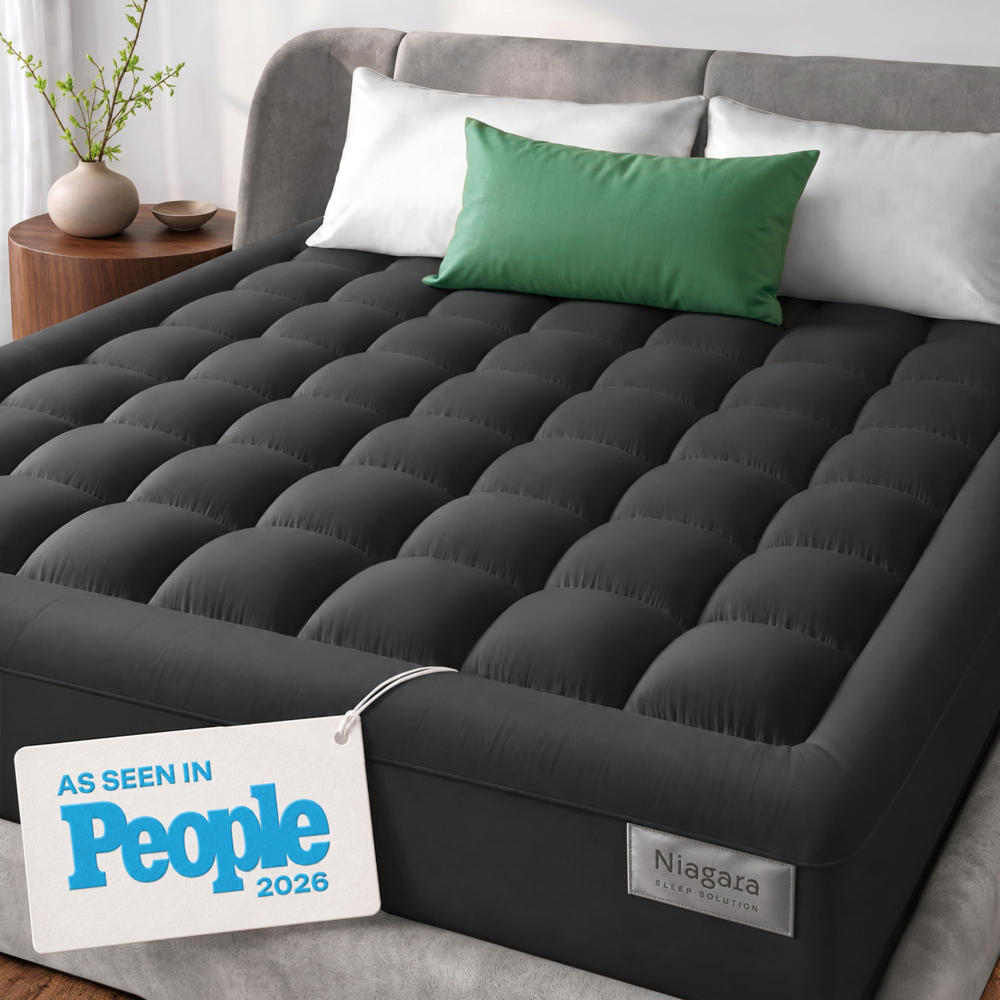 Photo 1 of Niagara Sleep Solution Cloud-Like Queen Mattress Topper - 100% Cotton Top Mattress Pad for Back Pain Relief - Breathable & Naturally Cooling for Hot Sleepers, Dark Gray