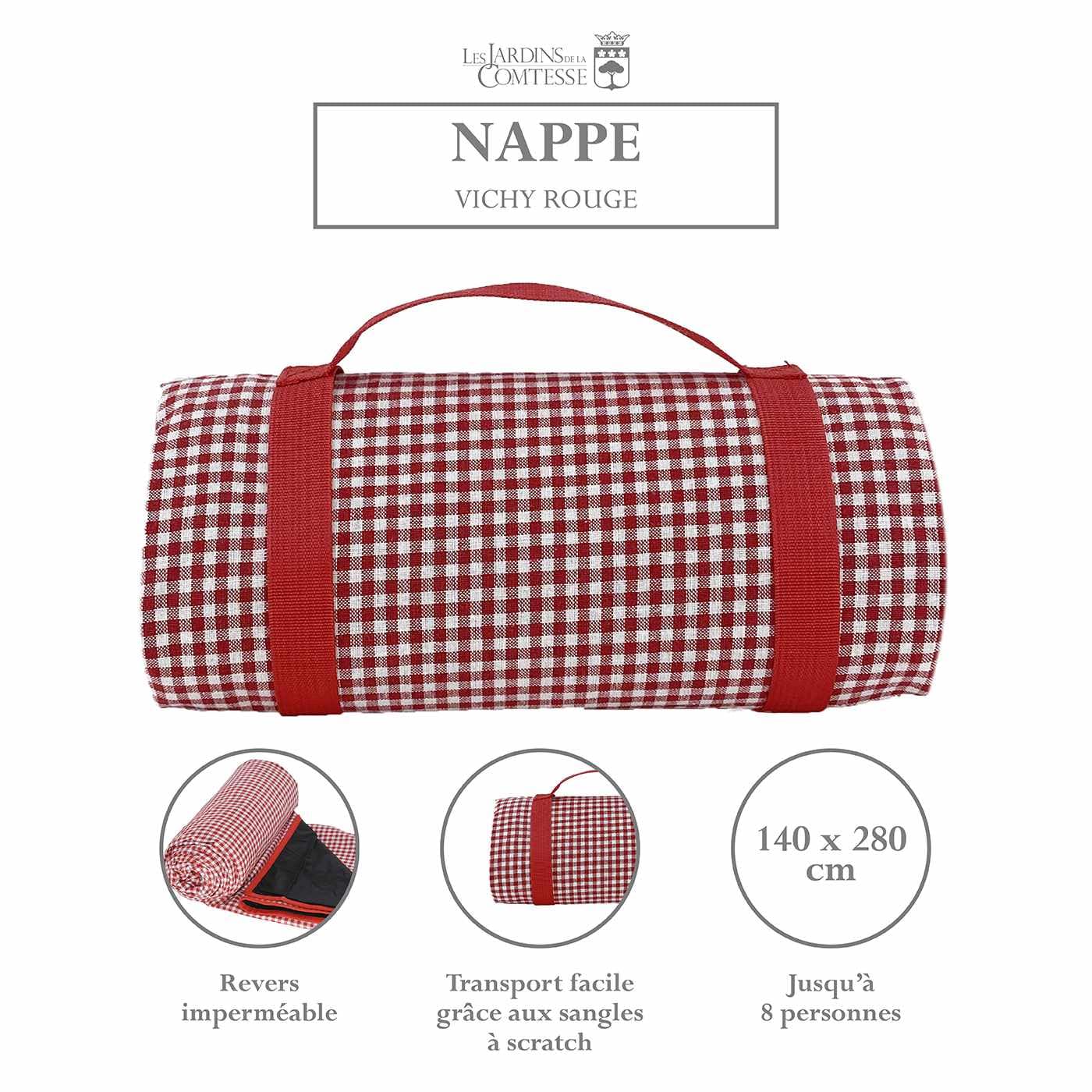 Les Jardins de la Comtesse - Grande Nappe de Picnic Vichy Rouge - Coton et Revers Etanche Polyester - 280 x 140 cm - 6/8 Personnes - Tapis/Couverture de Picnic livrée avec Porte-Nappe