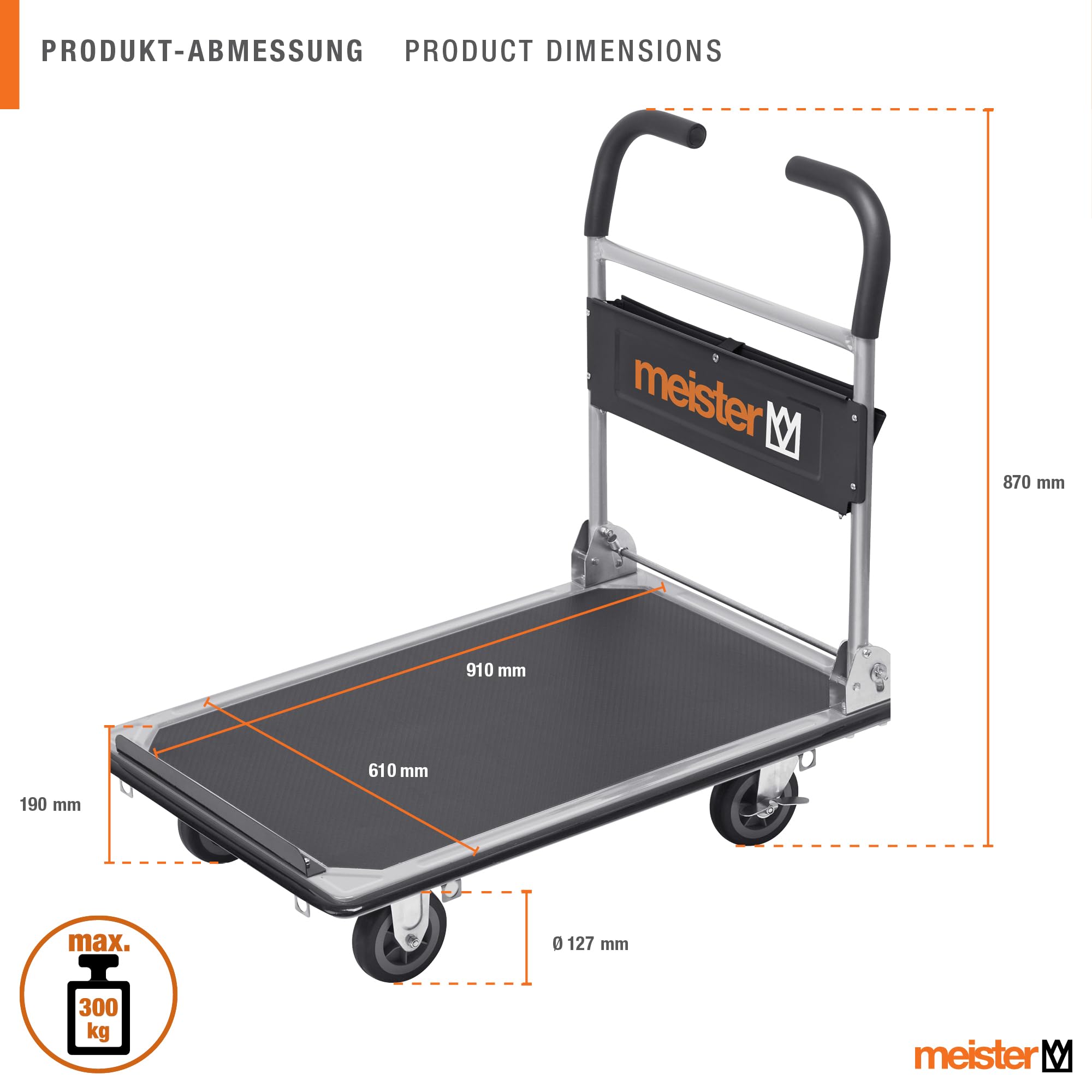Meister Plattformwagen "cut-off" - Klappbar - Bis 300 kg Tragkraft - Feststellbremse / Transporthilfe mit Lenkrollen / Paketwagen mit Antirutsch-Beschichtung / Klappwagen aus Stahl / 8985630