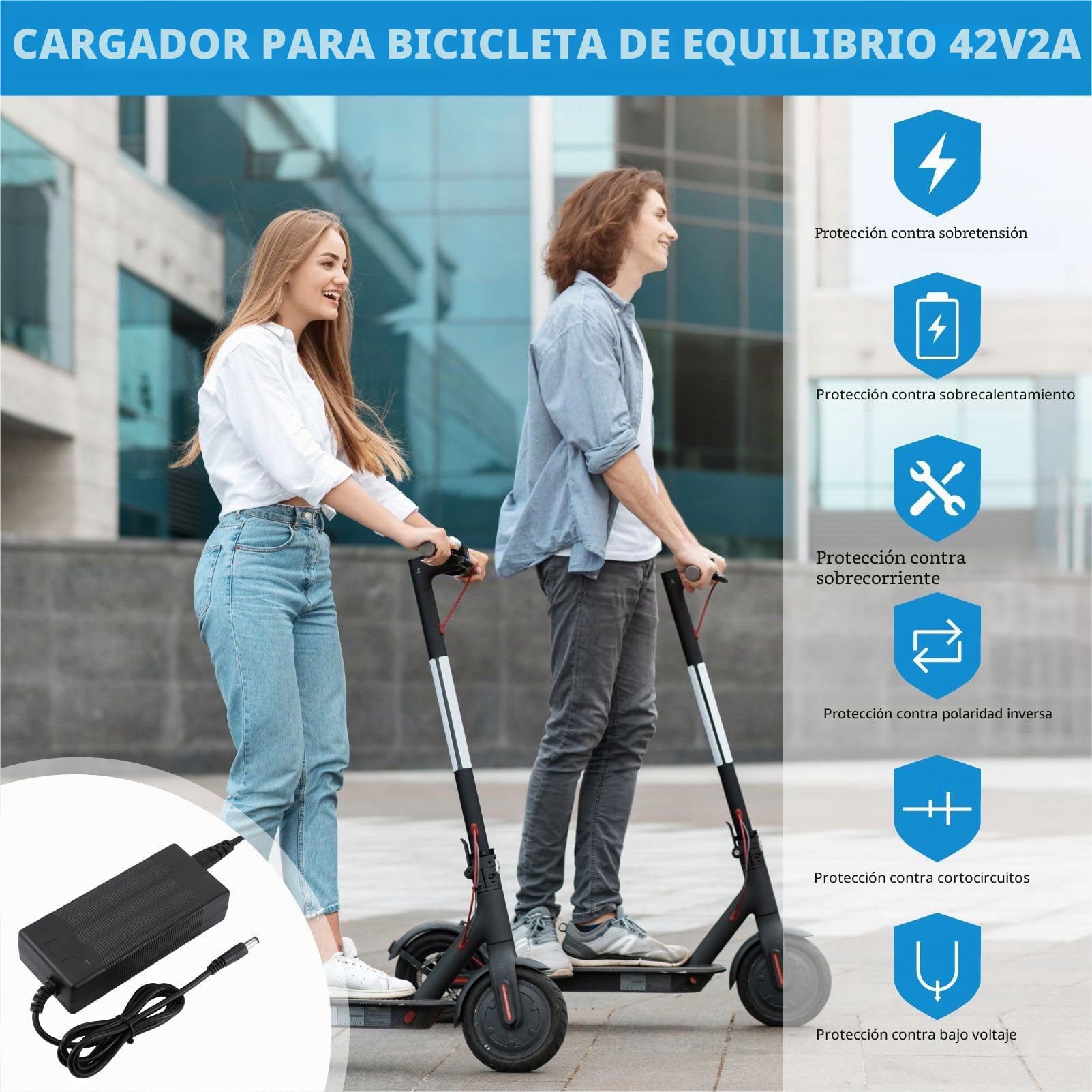 JIZZU 42V 2A Cargador Patinete Eléctrico Universal para Hoverboard, Scooters Eléctricos M365 1S