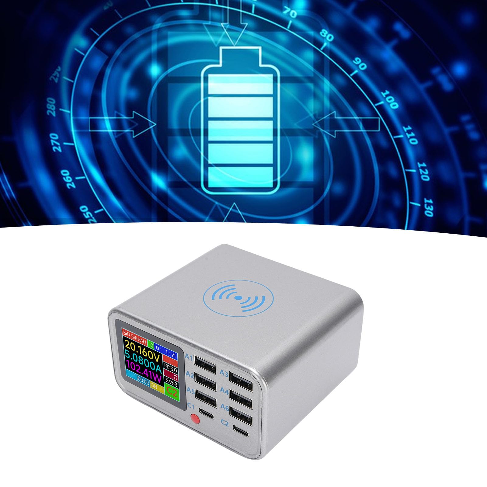 Fabater Estación de Carga Rápida USB de 8 Puertos de 100 W con Carga Inalámbrica para Teléfonos Inteligentes y Tabletas en la Oficina en Casa (Enchufe de la UE)