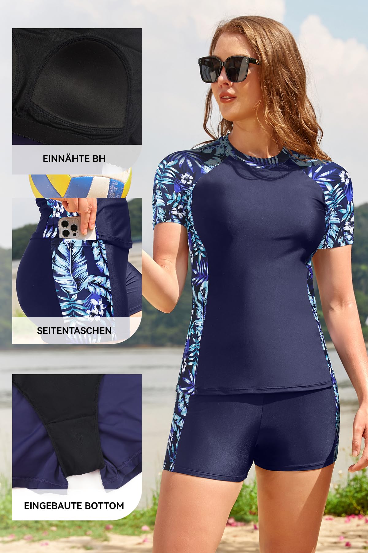 SHEKINI Damen eingebauter BH Rash Guard Set 2 Stück Badeanzug mit kurzärmeligem Top & Boyshort