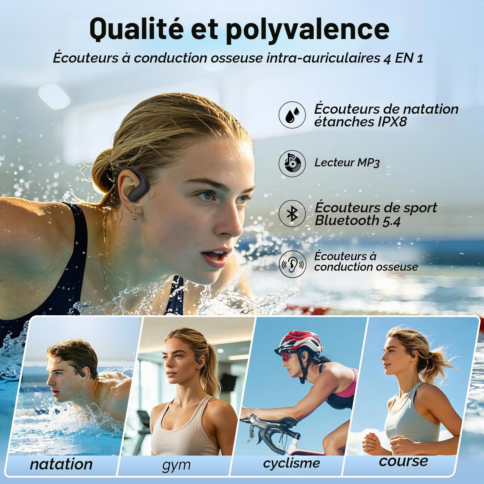 Écouteurs Natation, IPX8 Étanche Casque Conduction Osseuse sans Fil Bluetooth 5.4, in Ear, Ecouteurs Osseux Waterproof avec Lecteur MP3 8 Go pour Natation Surf Fitness