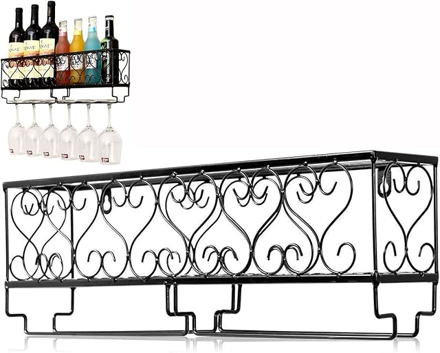 BUDOCI Wine Rack 6 Bottles,Wall Mounted Wine Bottles Holder Racks with 6 Wine Champagne Glass Drying Rack,Metal Wine Glass Holder,Wine Storage Organizer Standing,Wine Display shelves for Kitchen Bar