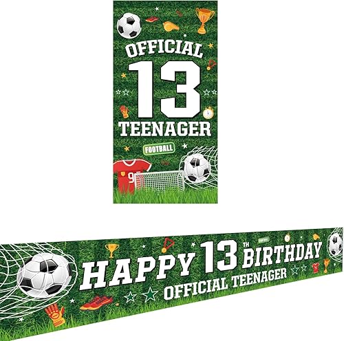 Cartel oficial de pelota de fútbol para puerta de cumpleaños número 13, 70.87 x 35.43 pulgadas, verde, poliéster, rectangular, tema deportivo,