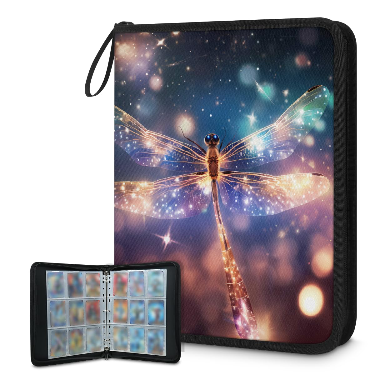Carpeta de tarjetas coleccionables con 9 bolsillos con purpurina y libélula voladora, álbum de tarjetas con fundas extraíbles, libro de tarjetas impermeable con cremallera, capacidad para 50 páginas y