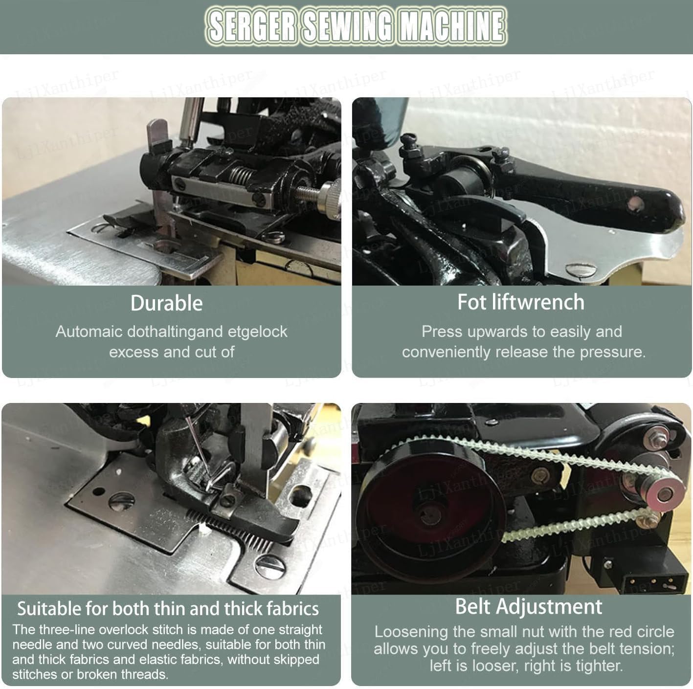 Remalladora Industrial,Overlocker De Marco De Metal,Máquina De Alta Velocidad,Longitud De Puntada Ajustable,3000 Puntadas por Minuto,con Marco Metálico,para Cuero Telas Gruesas