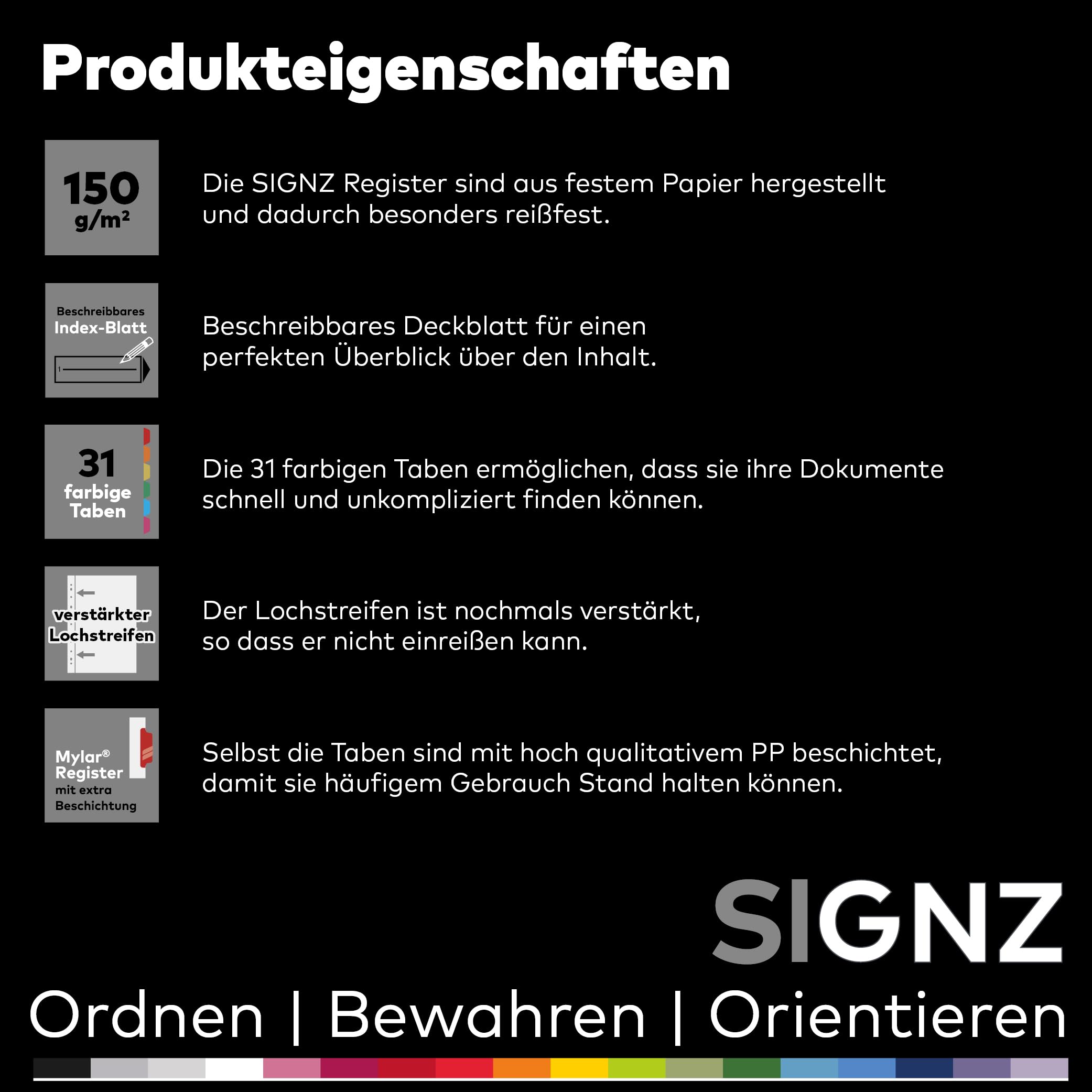 SIGNZ Rejestr DIN A4, 31-częściowy, 3 sztuki, bardzo mocne przekładki, neutralne pod względem emisji CO2, wyprodukowano w Niemczech