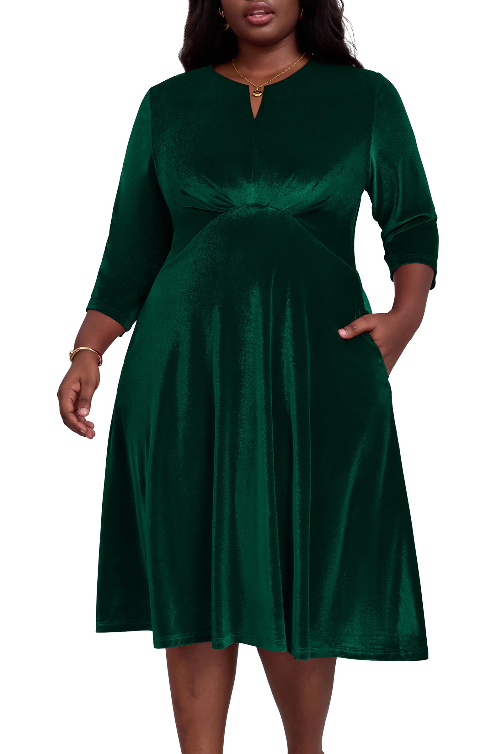 Nmoder Women's Plus Size Stretchy Flared Wrap Dress Casual Wedding Guest Midi Dresses V Neck 3/4 Sleeve A-Line Swing Dress
