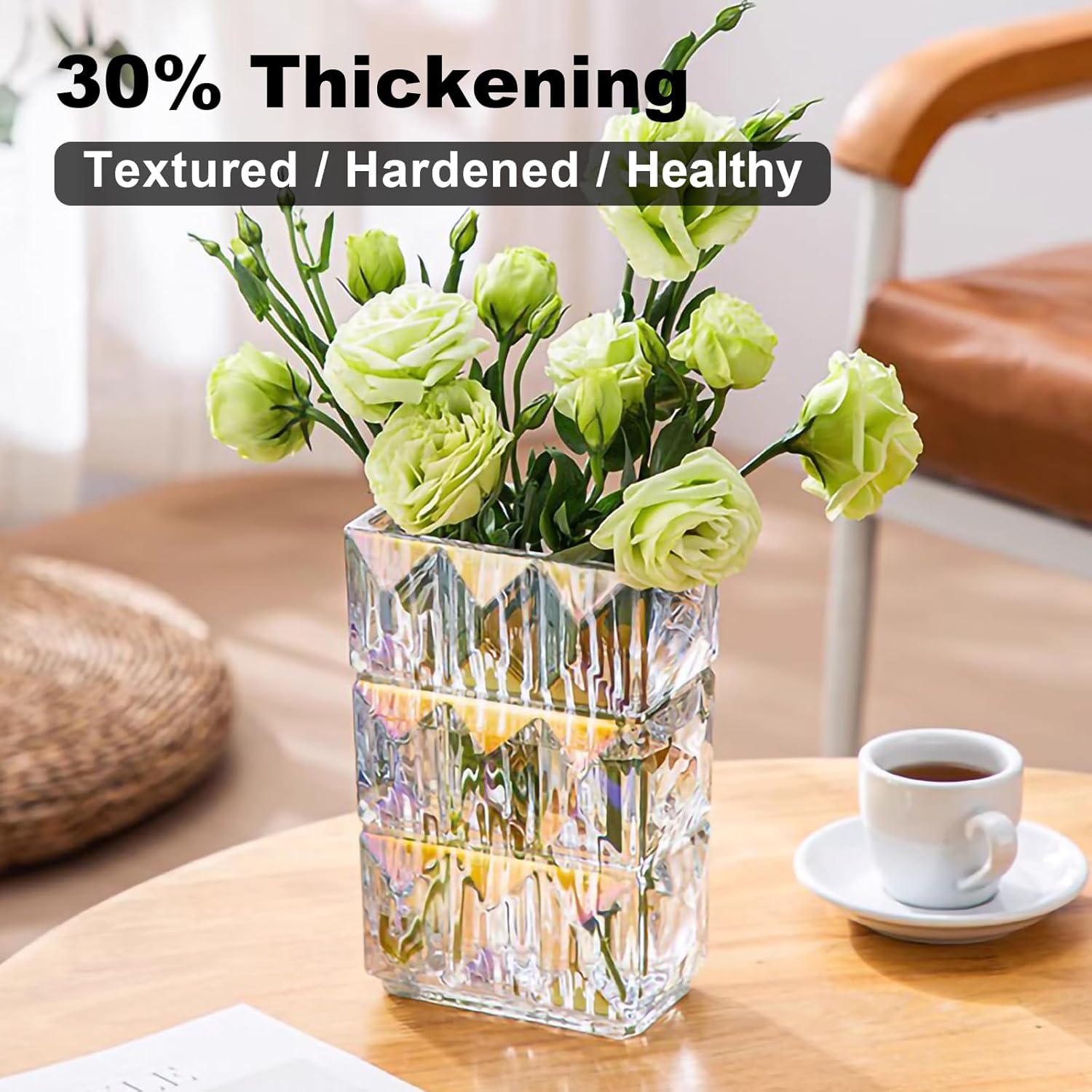 Iridescent Crystal Flower Vase Heavyweight Glass Centerpiece Holographic Colorful Vases for Living Room Trendy Home Decor Scratch Resistant 5.1x3.11x7.88 in 1 Pc