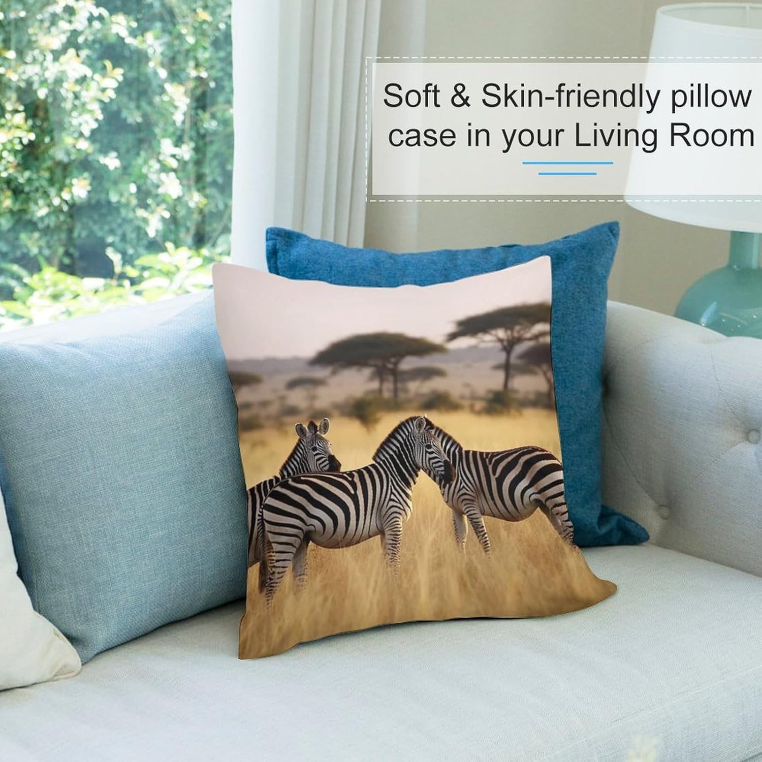 Zippered Pillow Cover, Pillow Protector, Africa Grassland Zebra Printed Pillow Cover of 4, Pillow Not Included