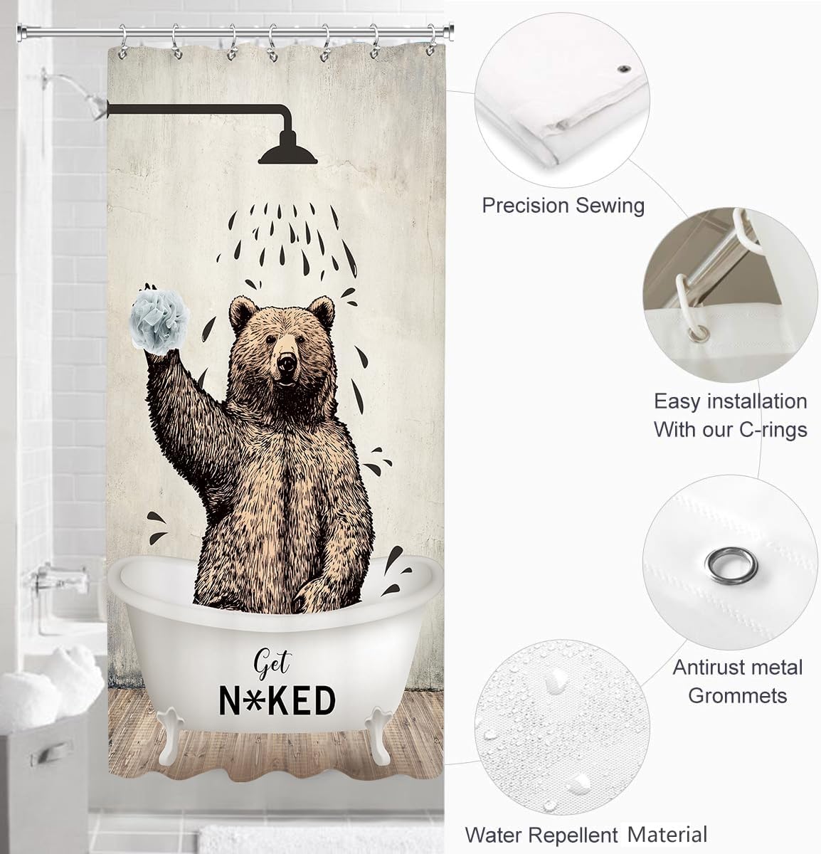 Stall Bear Funny Animal Bathroom Shower Curtain Small Half Get Naked Brown Cute Bathtub Farmhouse Kids 36W by 71H Inch Polyester Fabric 7 Plastic Hooks Waterproof Decor