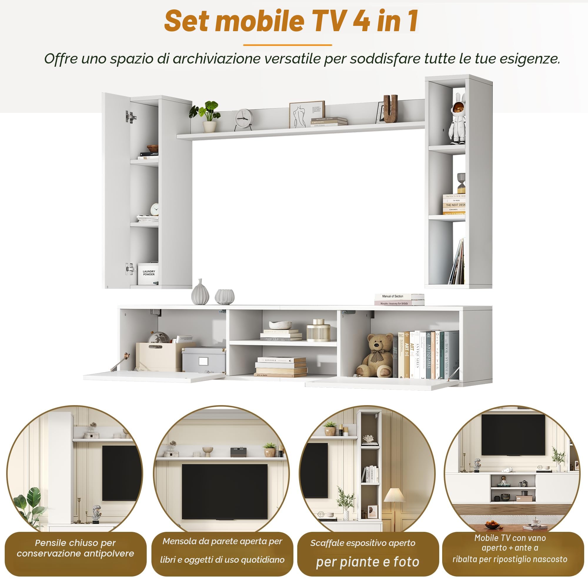 TIZZ Set da parete per TV, 180 x 35 x 33,5 cm, con vetrine (set completo, 4 pezzi), supporto per TV, mensola e 2 mensole da parete, set di mobili da soggiorno, TV in piedi e sospeso, TV fino a 80