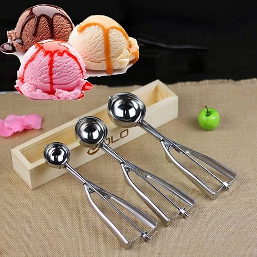 Miniatura 5 de Cuchara para helado, 3 unidades de acero inoxidable con mango de resorte, cuchara de galletas de metal de alta calidad (bolas grandes, medianas y
