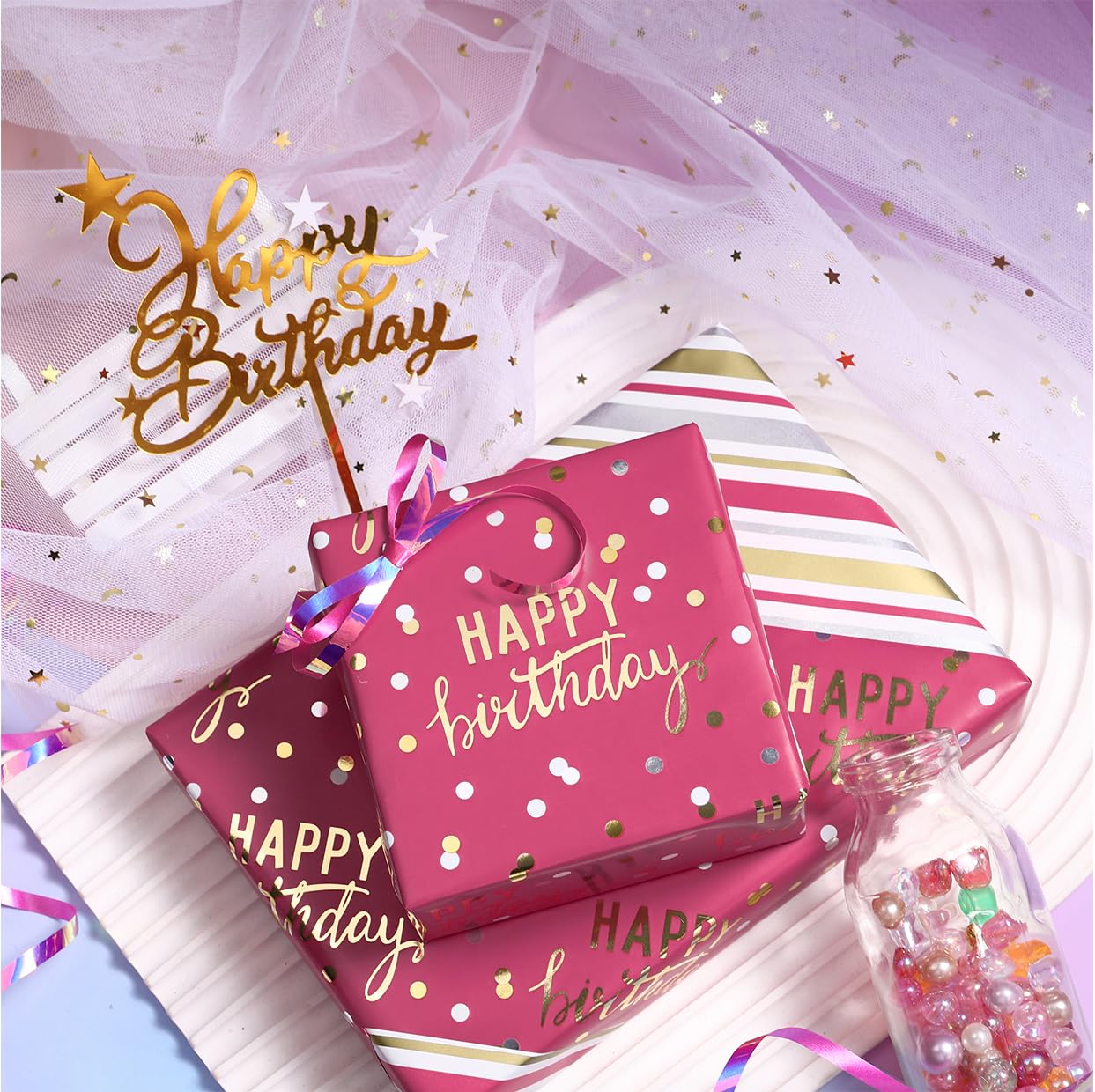 LeZakaa Reversible Pink Birthday Wrapping Paper Roll for Girls Women, Happy Birthday Lettering & Stripe Pattern with Metallic Foil in Rose Pink, Mini Roll, 17 inches x 32.8 Feet (46.45 sq.ft