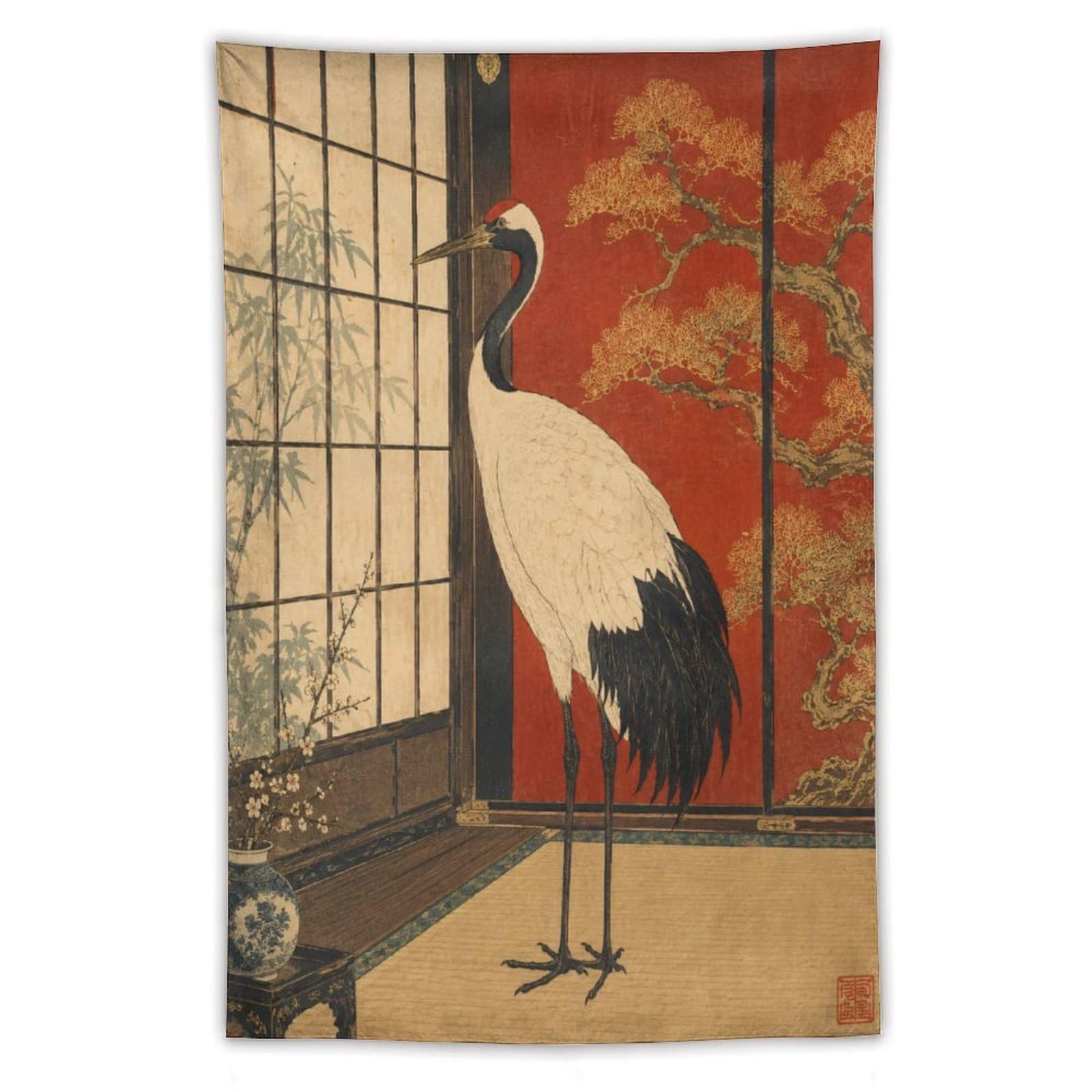 H3B8U2Y5 Crane in Red Room Wall Tapestry, Realistic Illustration, Dorm Room