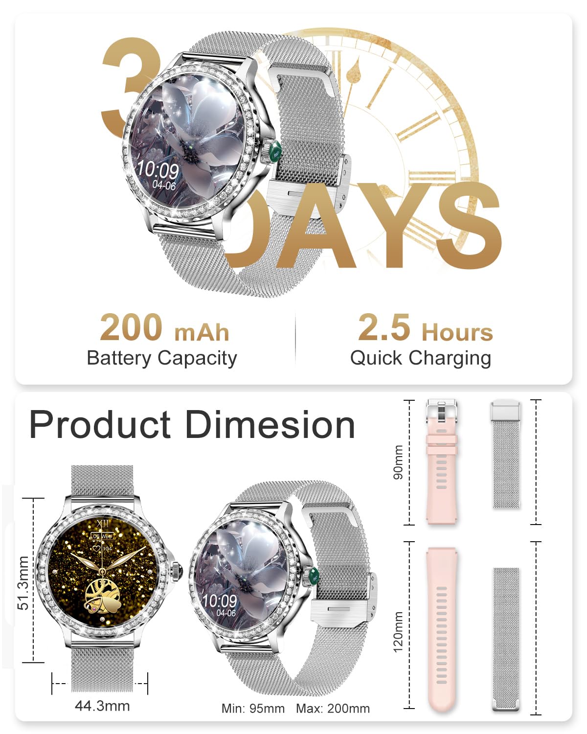 Smartwatch dla kobiet i mężczyzn, odbieranie/nawiązywanie połączeń, smartwatch 3.3 cm, 2 paski i podzielony ekran, 120+ sportowy zegarek fitness z pulsometrem SpO2, damski smartwatch IP67 dla iOS i