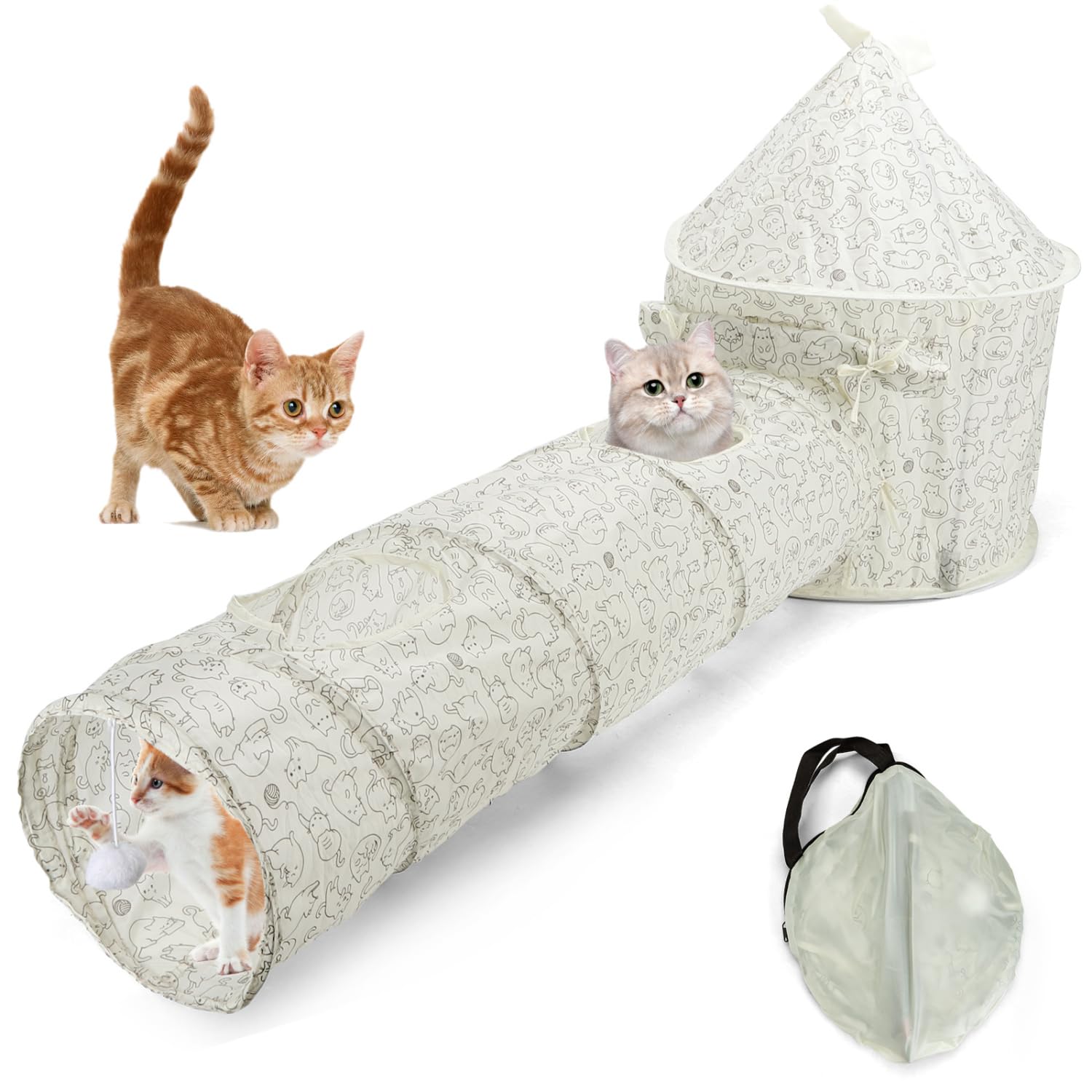 Nobleza - Tunnel per Gatti 2 in 1, Gioco Interattivo con Castello e 2 Sfere Sospese, Tunnel con 2 Fori per Interni ed Esterni, Ideale per Conigli, Cani e Animali Domestici, 24×94 cm & 45×64 cm
