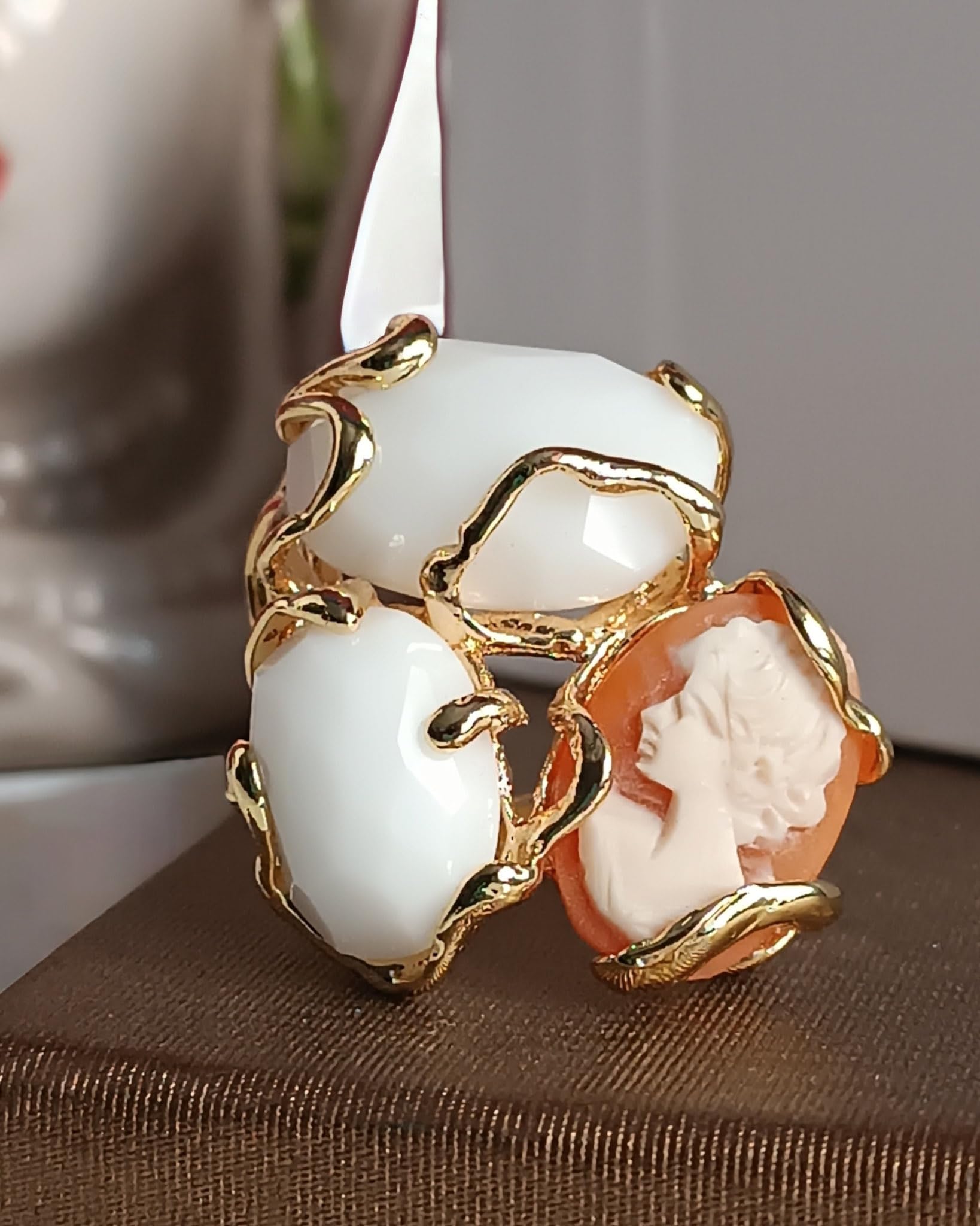 Anello Triplo con Agata Bianca e Cammeo Conchiglia