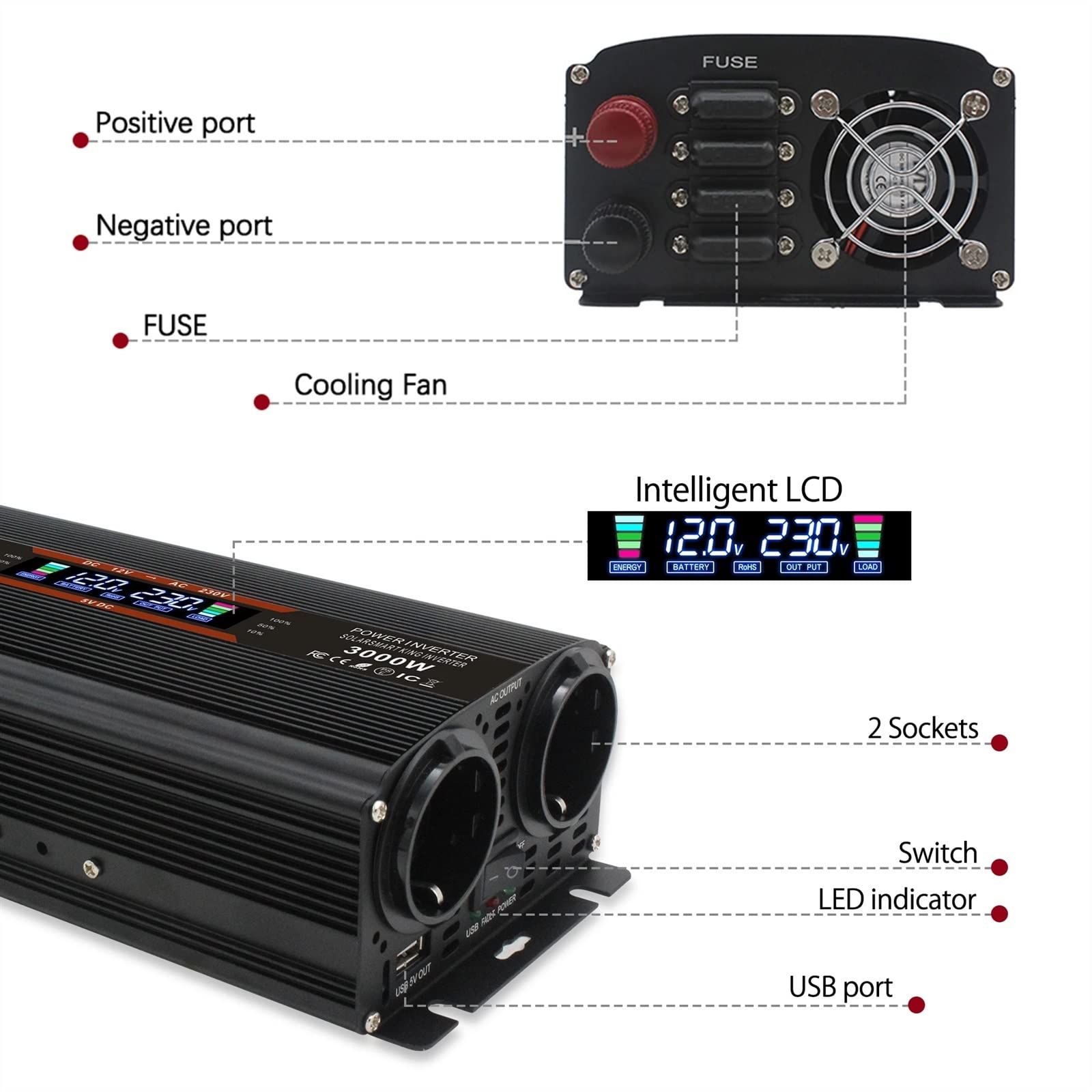 Inverter a onda sinusoidale pura LCD 3000W Car Inverter DC 12V/24V a AC 220 230 Display di tensione Convertitore di energia solare Doppio fusibile sostituibile(12V Black)