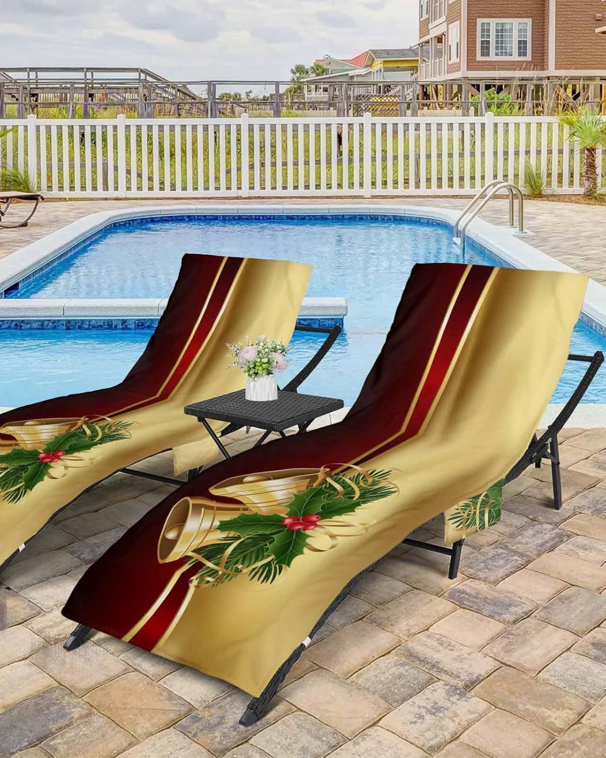 Christmas Beach Pool Patio Lounge Chaise Chair Cover Towel With Pockets,Absorbent & Quick Dry Microfiber Towel Cover Bag Summer Accessories for Sunbathing Luxurious Ombre Red Brown Gold Bell Ribbon