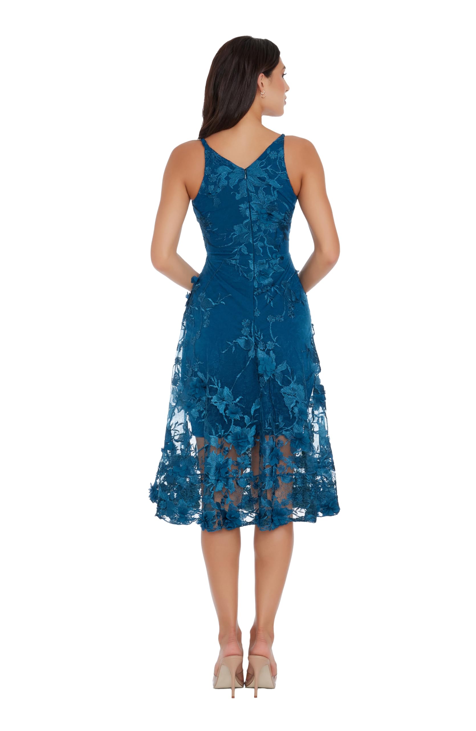 Dress The Population Womens Audrey Spaghetti Strap Midi A-line 3D Floral Dress: Medium Peacock Blue