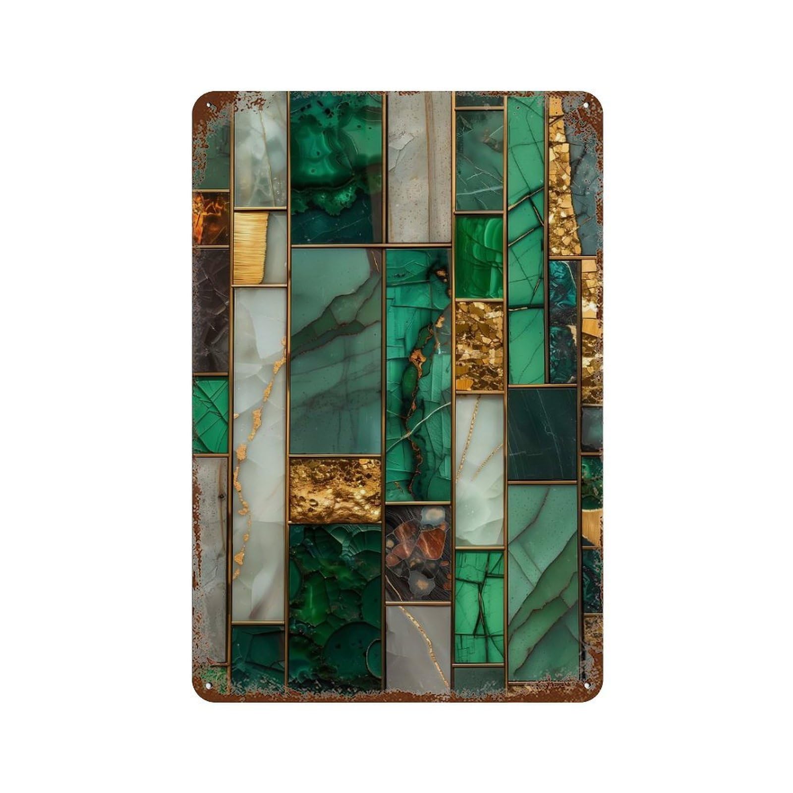 Geometric Malachite Mosaic Rust Effect Tin Sign 11.8"x7.9", Industrial Home Decor for Basement, Hobby Room And Garage Decor