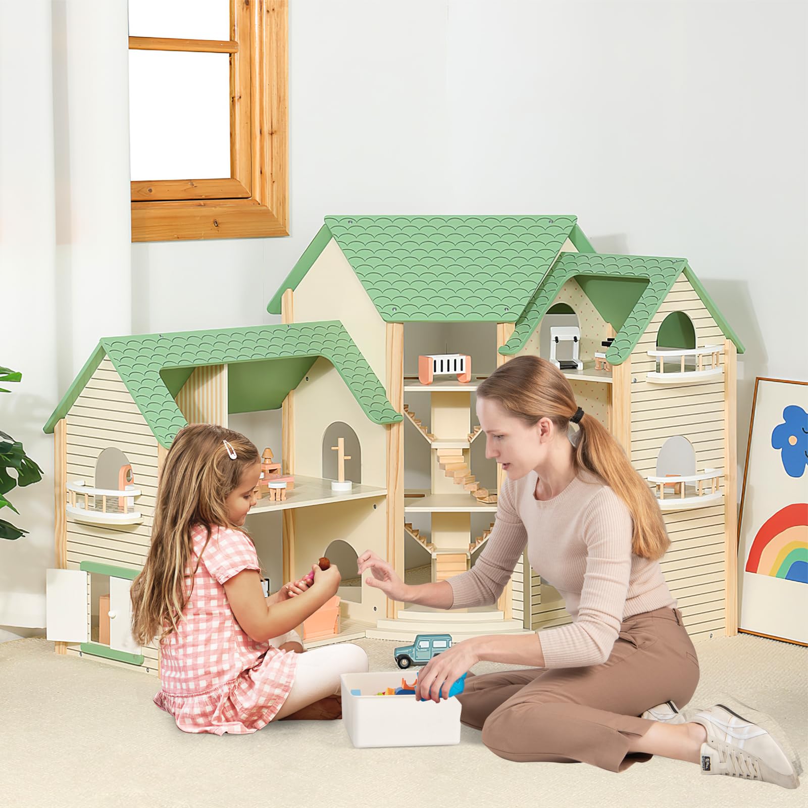 HOMASIS Casa delle Bambole in Legno per Bambini con Scale e Balconi Integrati, Casa delle Bambole d'Angolo con Tetto Verde 36 Mobili e Accessori, Casa da Gioco per Bambini 3+ Anni