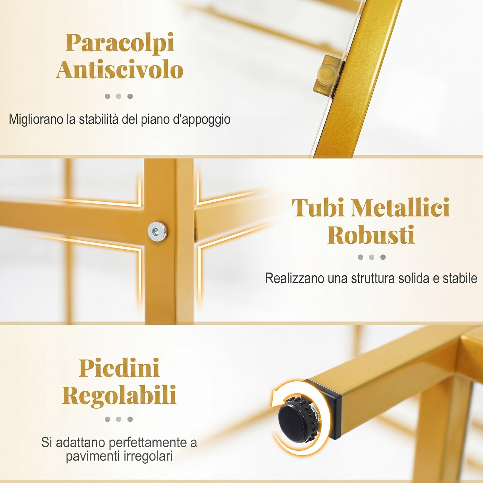 SOARS Scrivania in Vetro Temperato 106 x 51 x 77 cm, Oro | Tavolo PC Multifunzionale Salvaspazio con 2 Ripiani, Consolle Trucco Moderna per Camera da Letto, Studio, Ufficio e Soggiorno