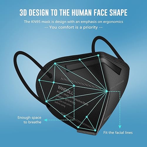 Miniatura 2 de WWDOLL - Mascarillas KN95, 50 unidades, 5 capas transpirables, con cinta elástica para las orejas y clip de puente nasal, protección respiratoria,