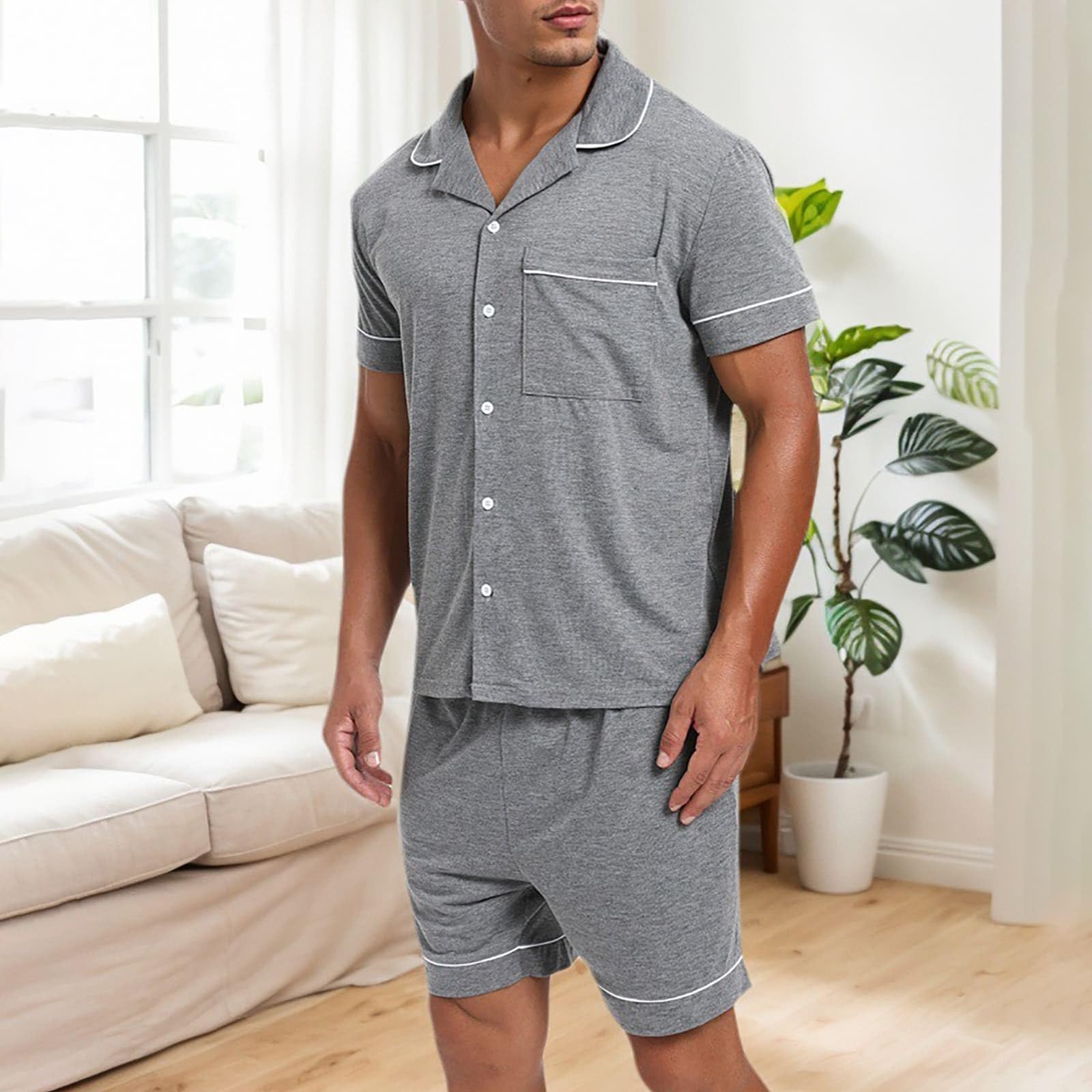 Pijama corto para hombre y hombre, conjunto de pijama de manga corta con botones, ropa de dormir de dos piezas con botones y bolsillos