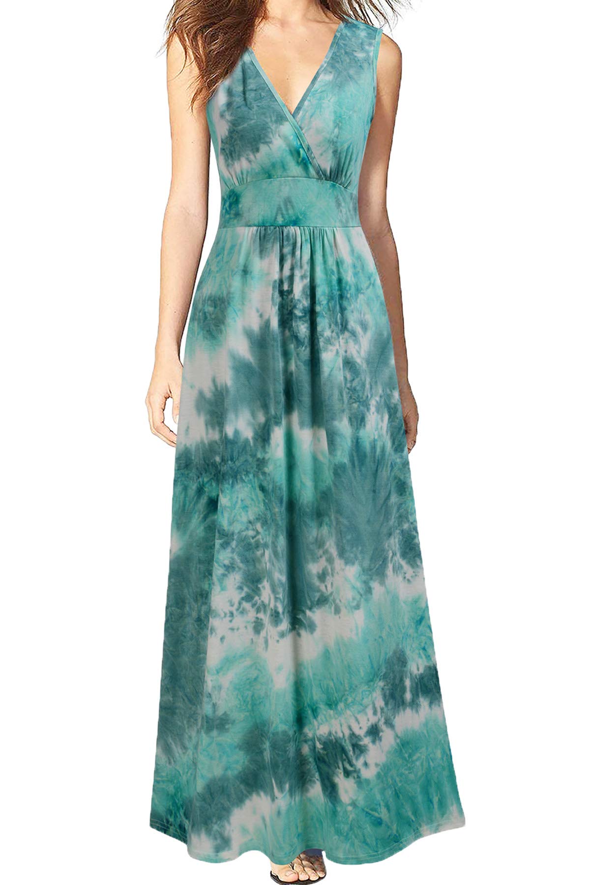 WOOSEAWomen Sleeveless Deep V Neck Loose Plain Long Maxi Casual Dress